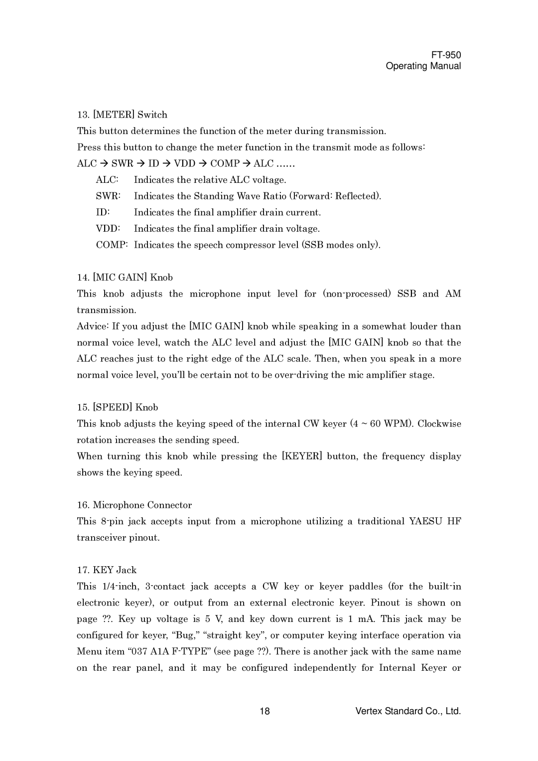 Vertex Standard FT-950 manual ALC SWR ID VDD Comp ALC ……, Swr, Vdd 