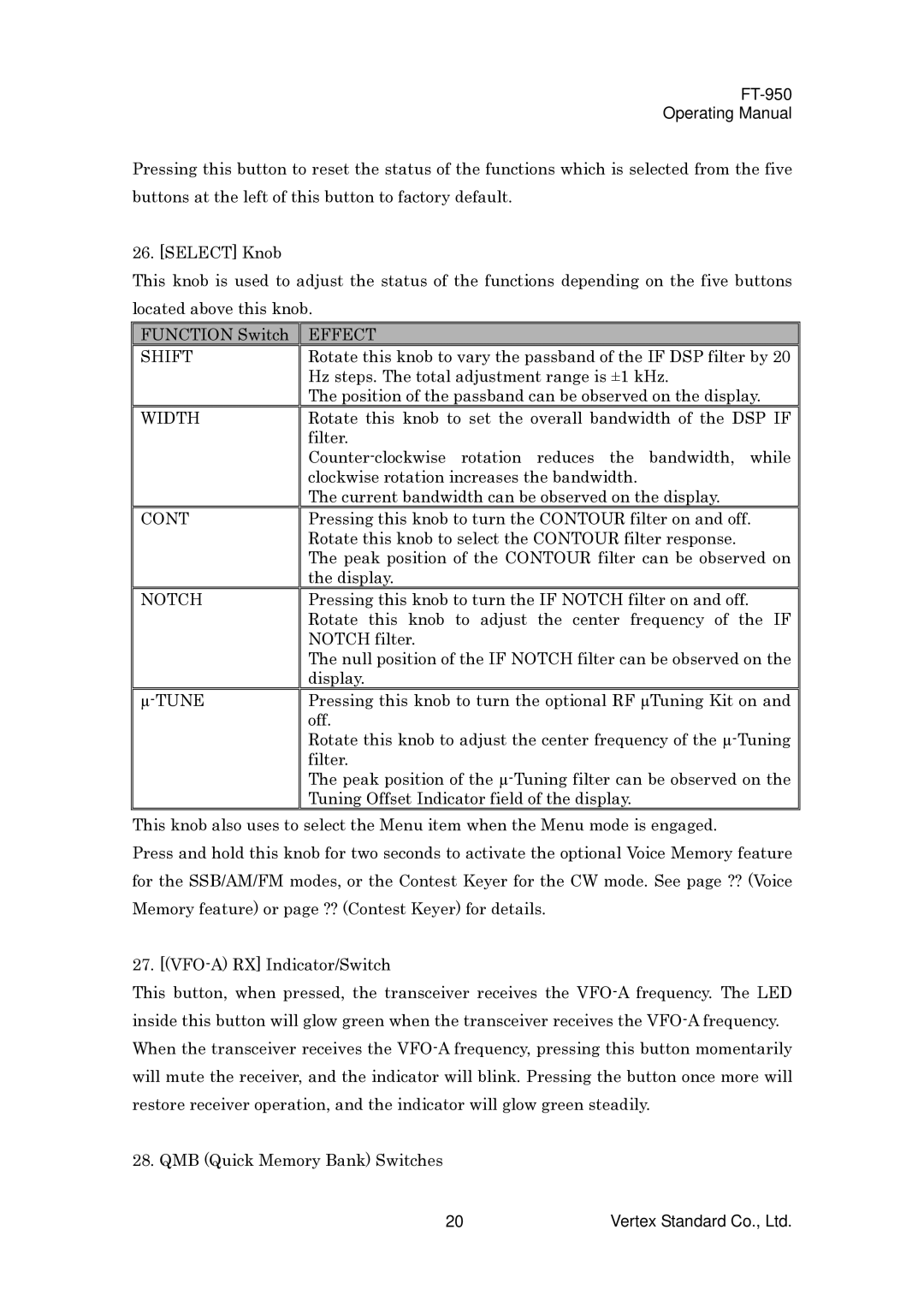 Vertex Standard FT-950 manual Effect, Shift, Width, Cont, Notch 