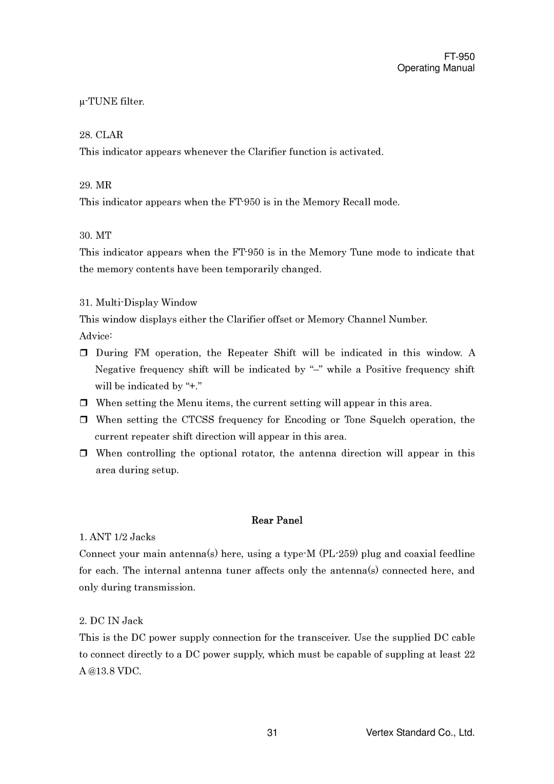 Vertex Standard FT-950 manual Rear Panel 