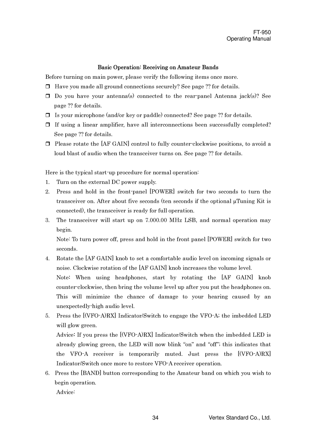 Vertex Standard FT-950 manual Basic Operation Receiving on Amateur Bands 