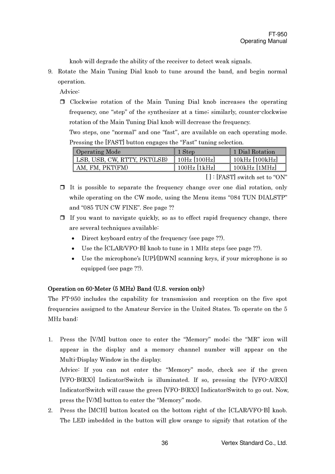 Vertex Standard FT-950 manual LSB, USB, CW, RTTY, Pktlsb, AM, FM, Pktfm, Operation on 60-Meter 5 MHz Band U.S. version only 