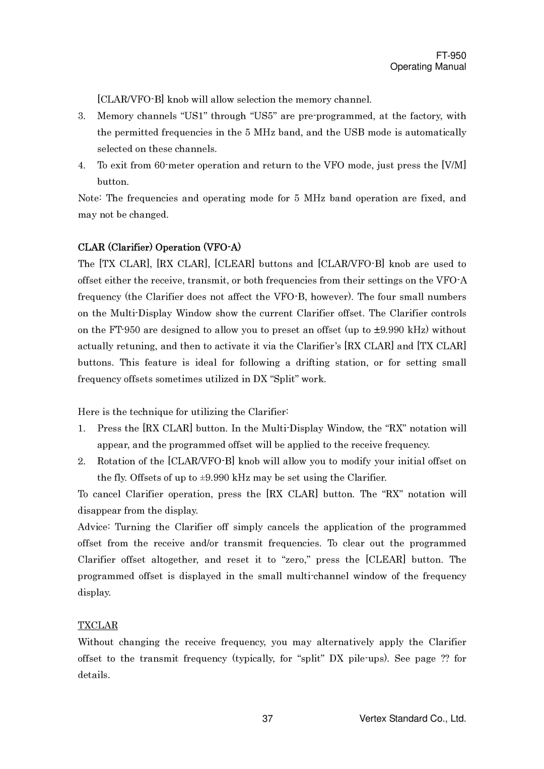 Vertex Standard FT-950 manual Clar Clarifier Operation VFO-A, Txclar 