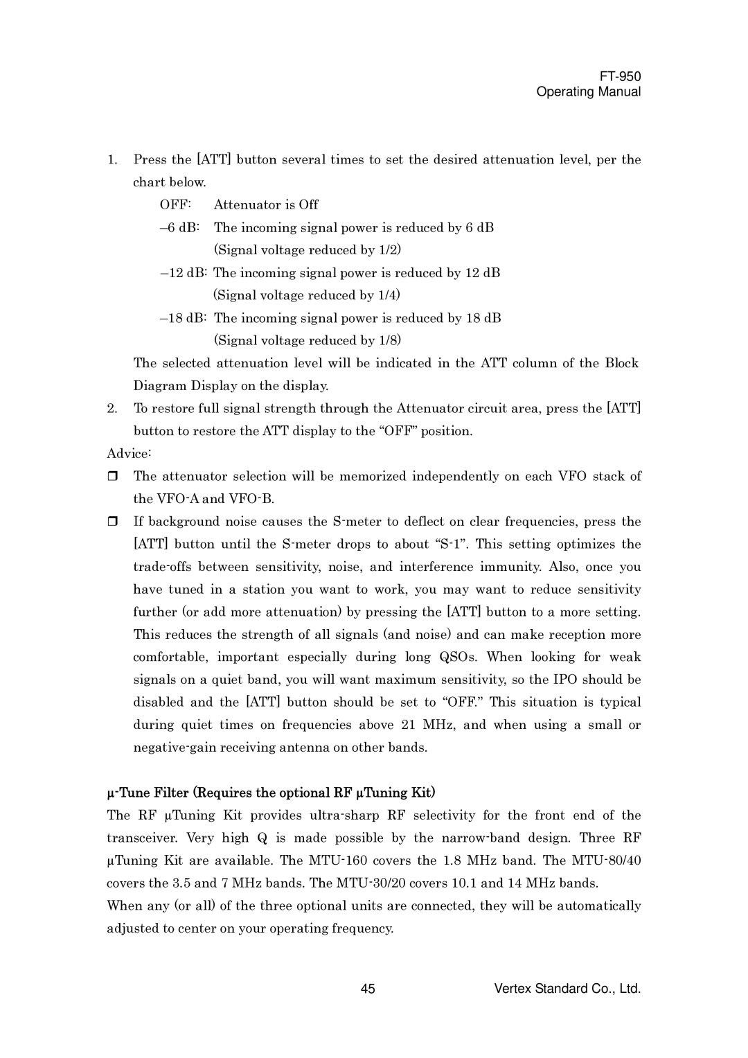 Vertex Standard FT-950 manual Tune Filter Requires the optional RF µTuning Kit 