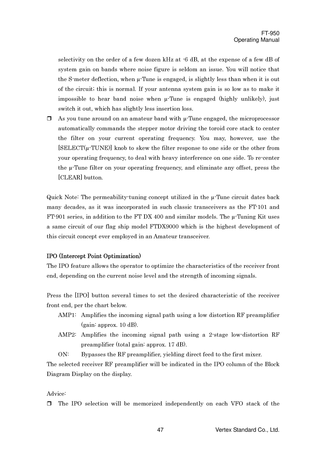 Vertex Standard FT-950 manual IPO Intercept Point Optimization 