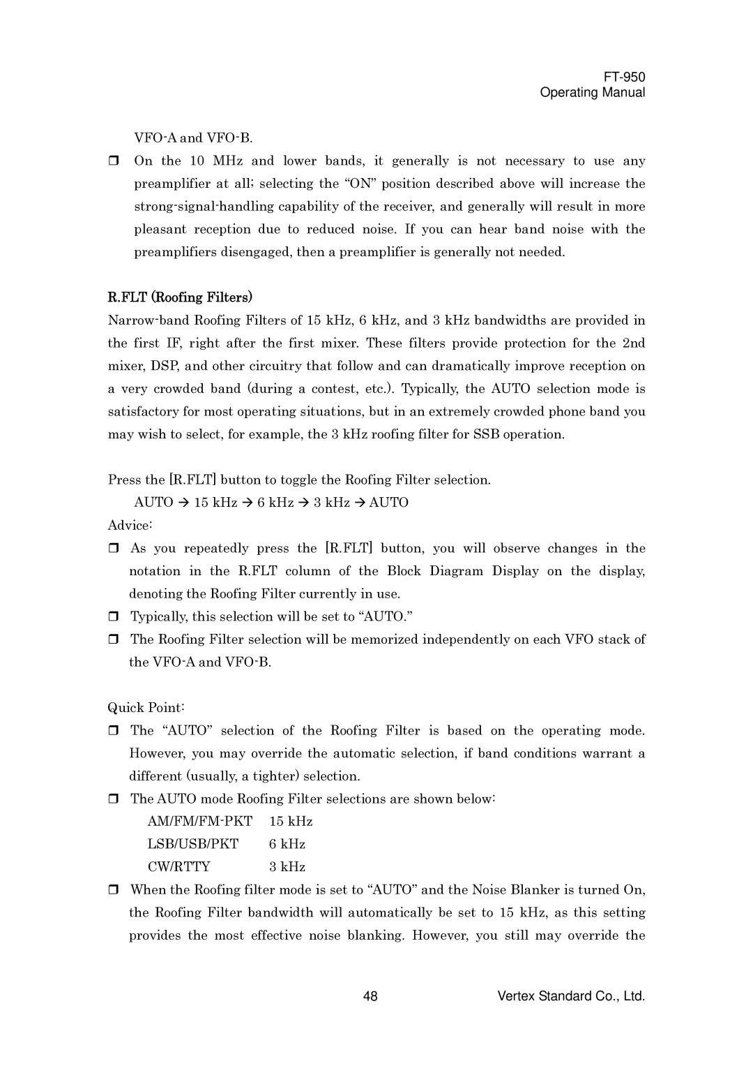 Vertex Standard FT-950 manual FLT Roofing Filters, Am/Fm/Fm-Pkt, Lsb/Usb/Pkt, Cw/Rtty 