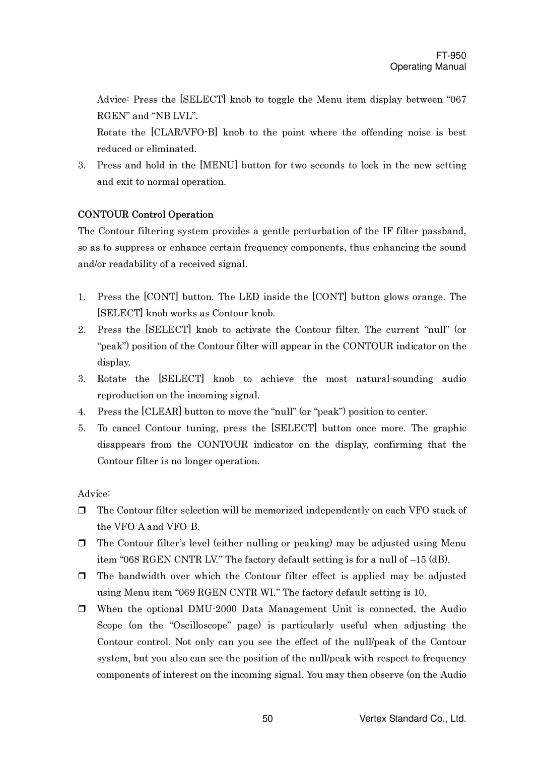 Vertex Standard FT-950 manual Contour Control Operation 