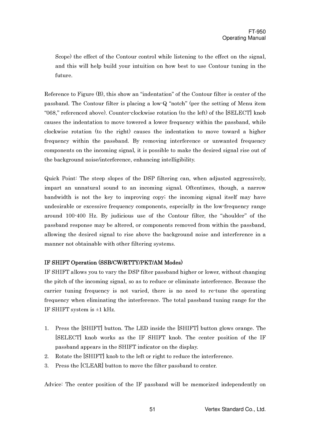 Vertex Standard FT-950 manual If Shift Operation SSB/CW/RTTY/PKT/AM Modes 