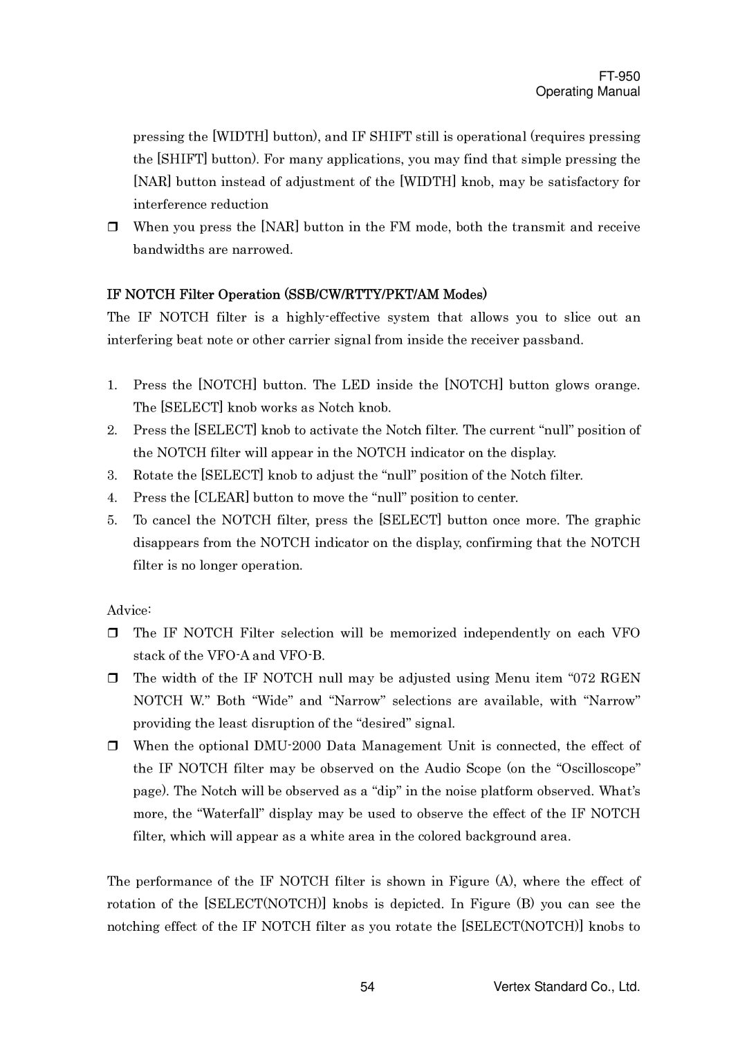 Vertex Standard FT-950 manual If Notch Filter Operation SSB/CW/RTTY/PKT/AM Modes 