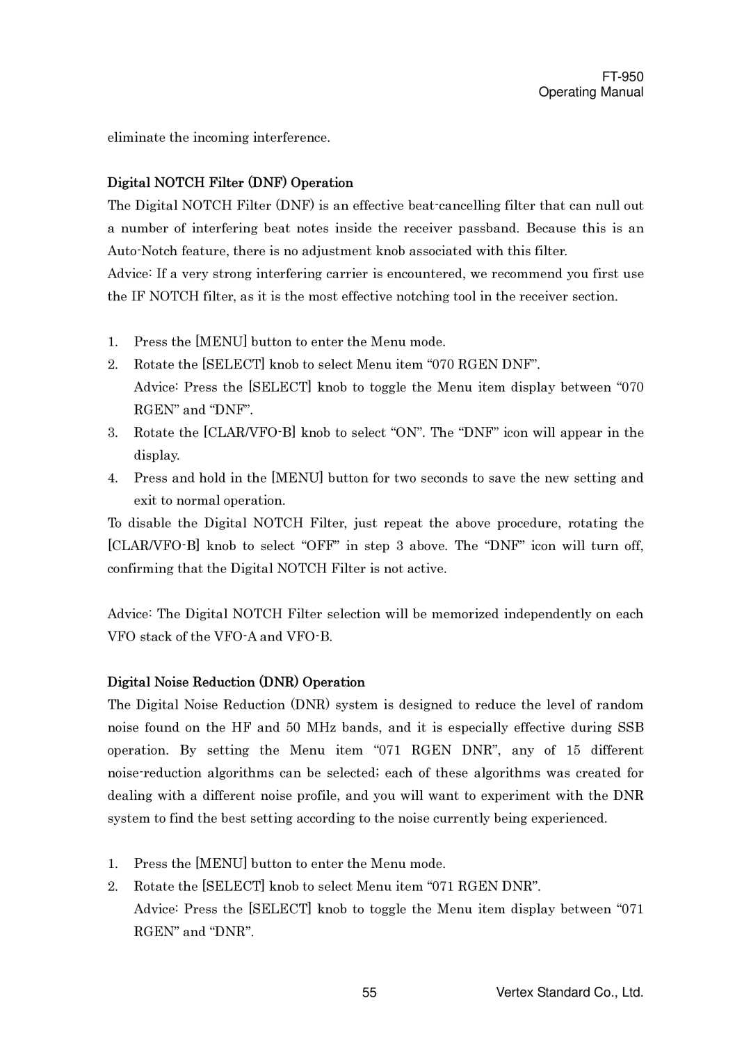 Vertex Standard FT-950 manual Digital Notch Filter DNF Operation, Digital Noise Reduction DNR Operation 