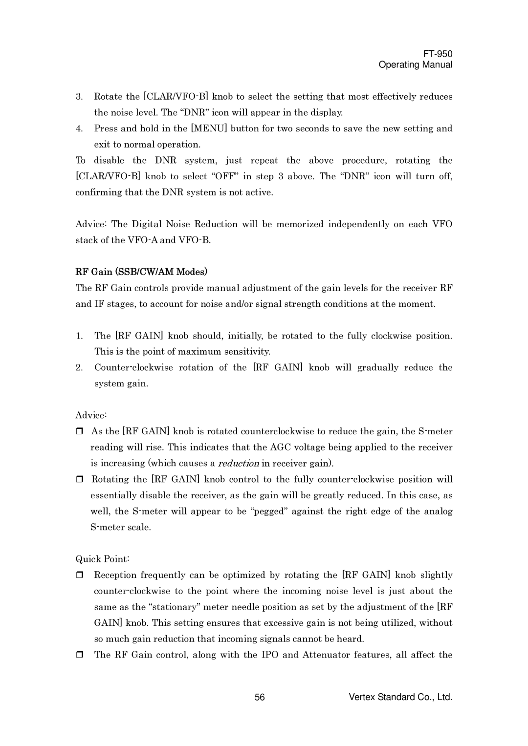 Vertex Standard FT-950 manual RF Gain SSB/CW/AM Modes 