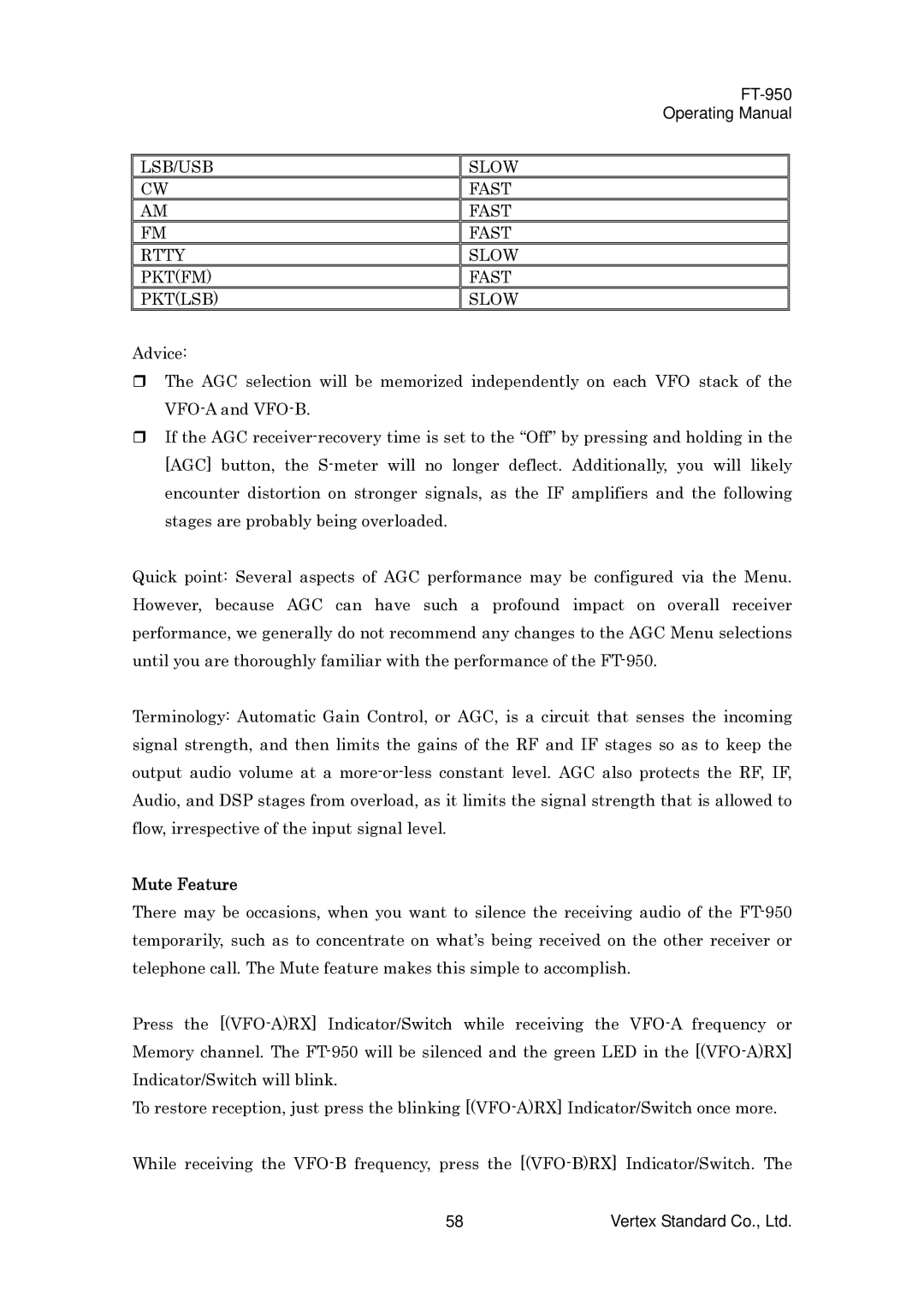 Vertex Standard FT-950 manual LSB/USB Slow Fast Rtty Pktfm Pktlsb, Mute Feature 