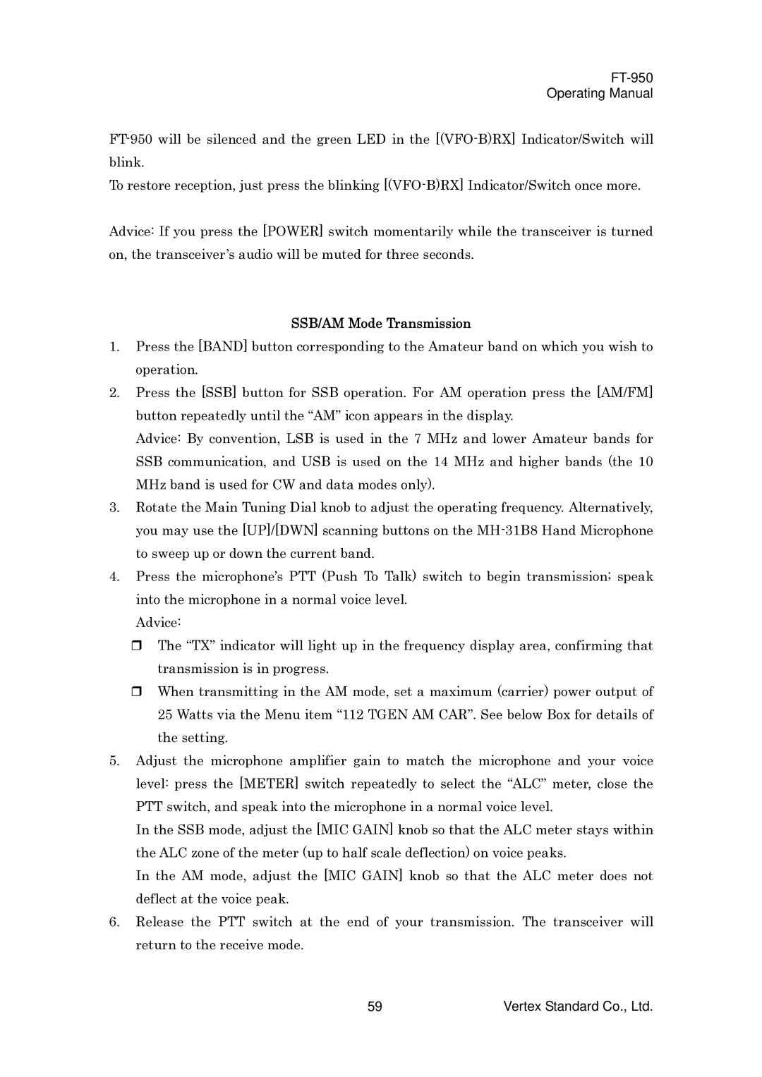 Vertex Standard FT-950 manual SSB/AM Mode Transmission 