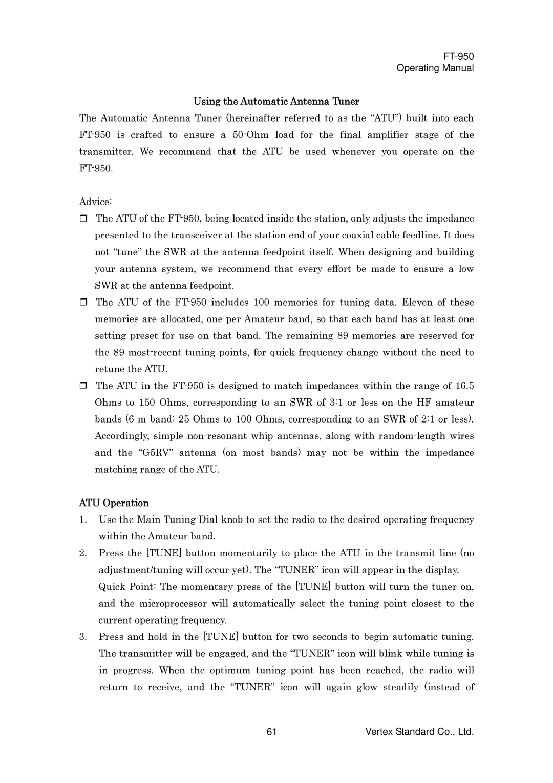 Vertex Standard FT-950 manual Using the Automatic Antenna Tuner, ATU Operation 