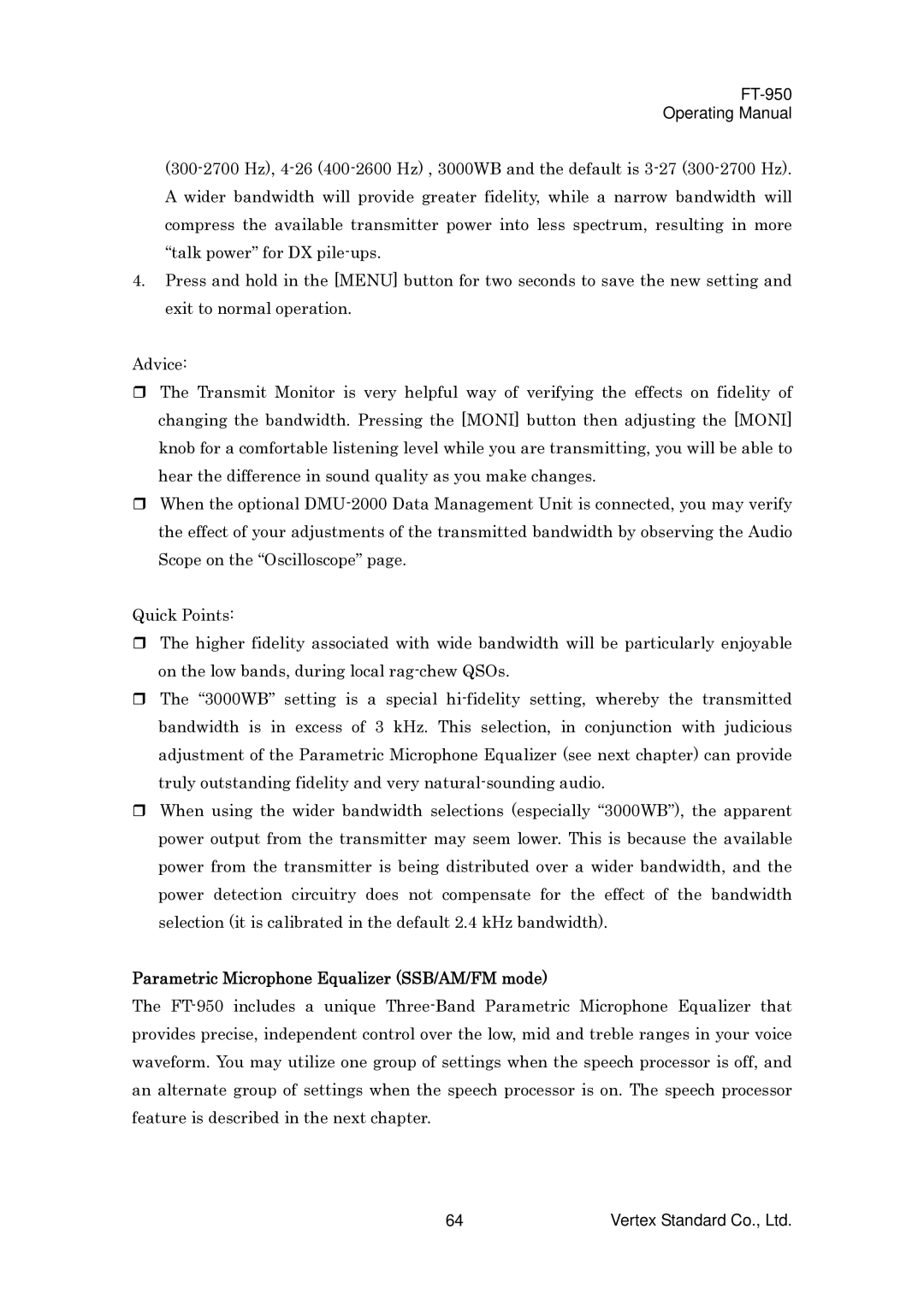 Vertex Standard FT-950 manual Parametric Microphone Equalizer SSB/AM/FM mode 