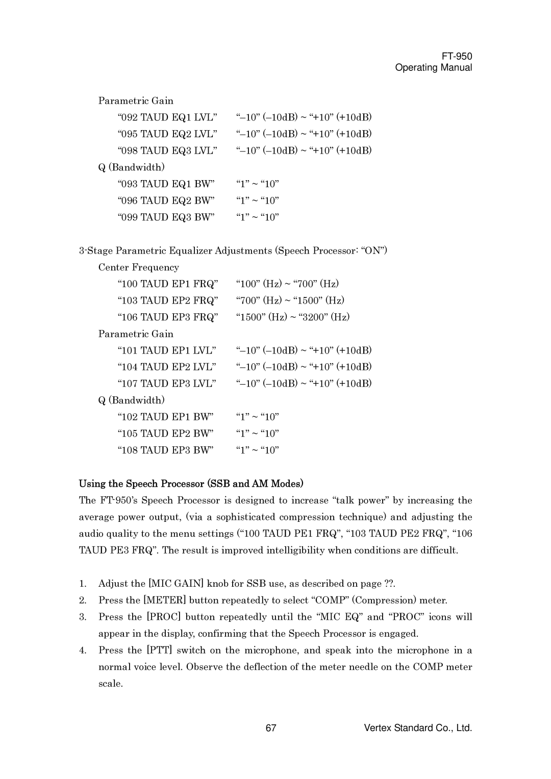 Vertex Standard FT-950 manual Using the Speech Processor SSB and AM Modes 