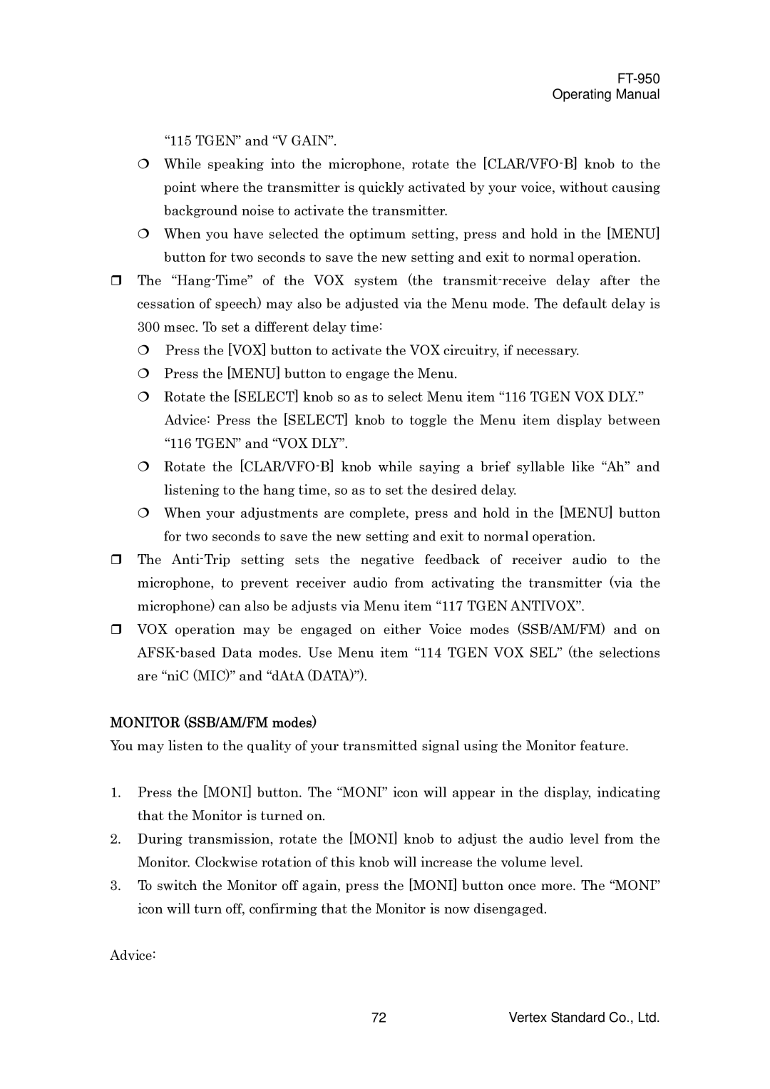 Vertex Standard FT-950 manual Monitor SSB/AM/FM modes 