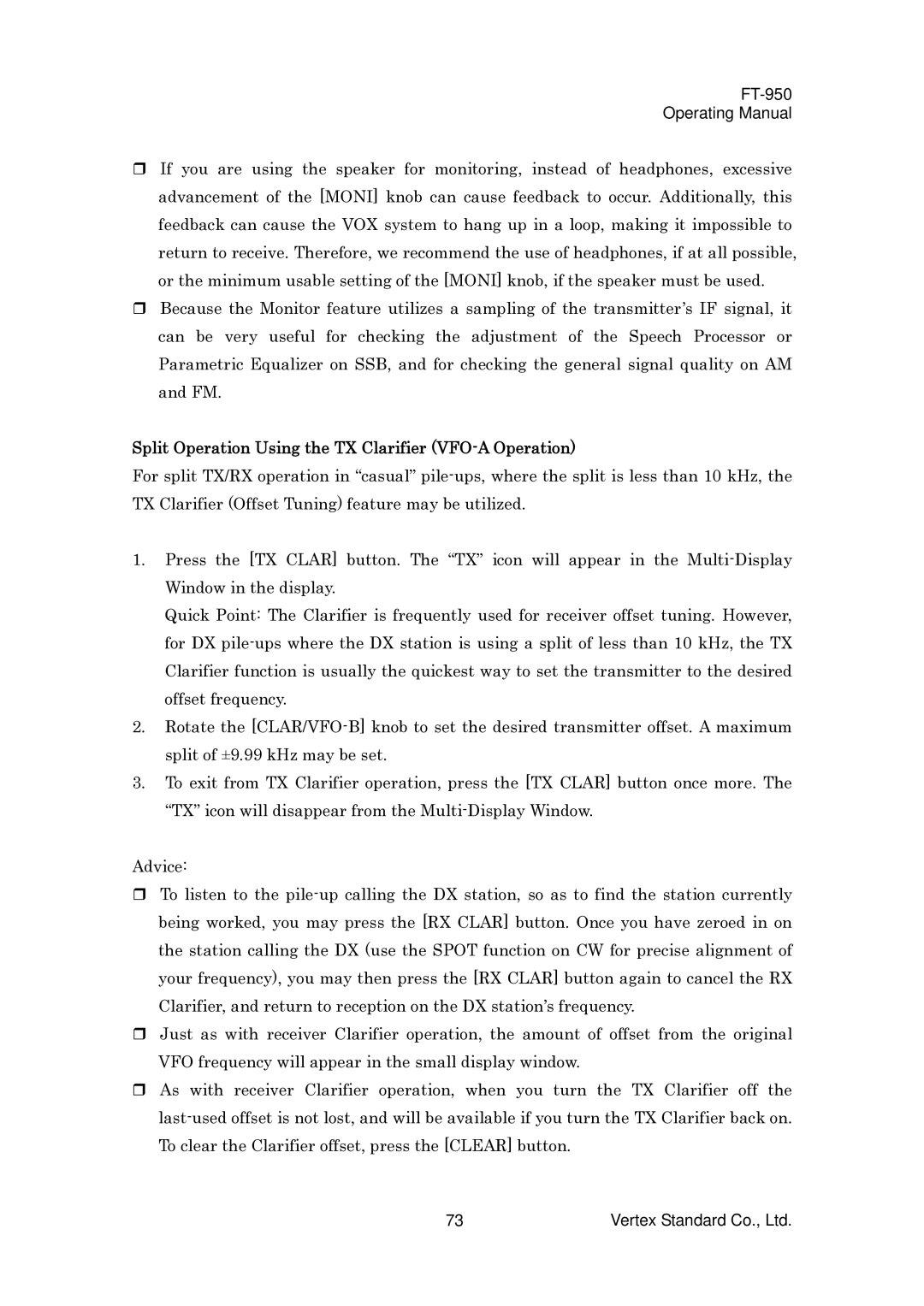 Vertex Standard FT-950 manual Split Operation Using the TX Clarifier VFO-A Operation 