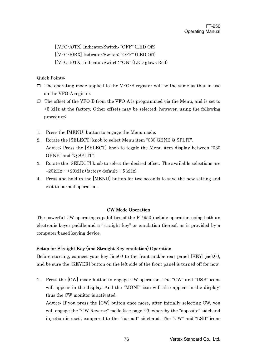 Vertex Standard FT-950 manual CW Mode Operation, Setup for Straight Key and Straight Key emulation Operation 
