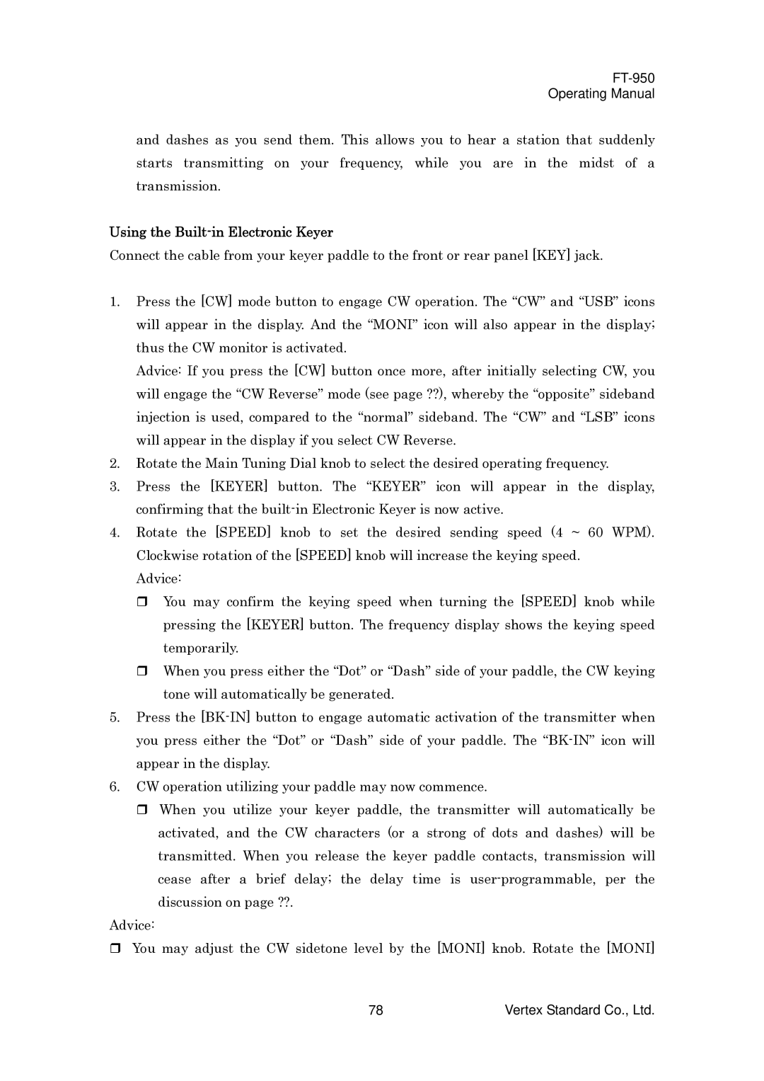 Vertex Standard FT-950 manual Using the Built-in Electronic Keyer 