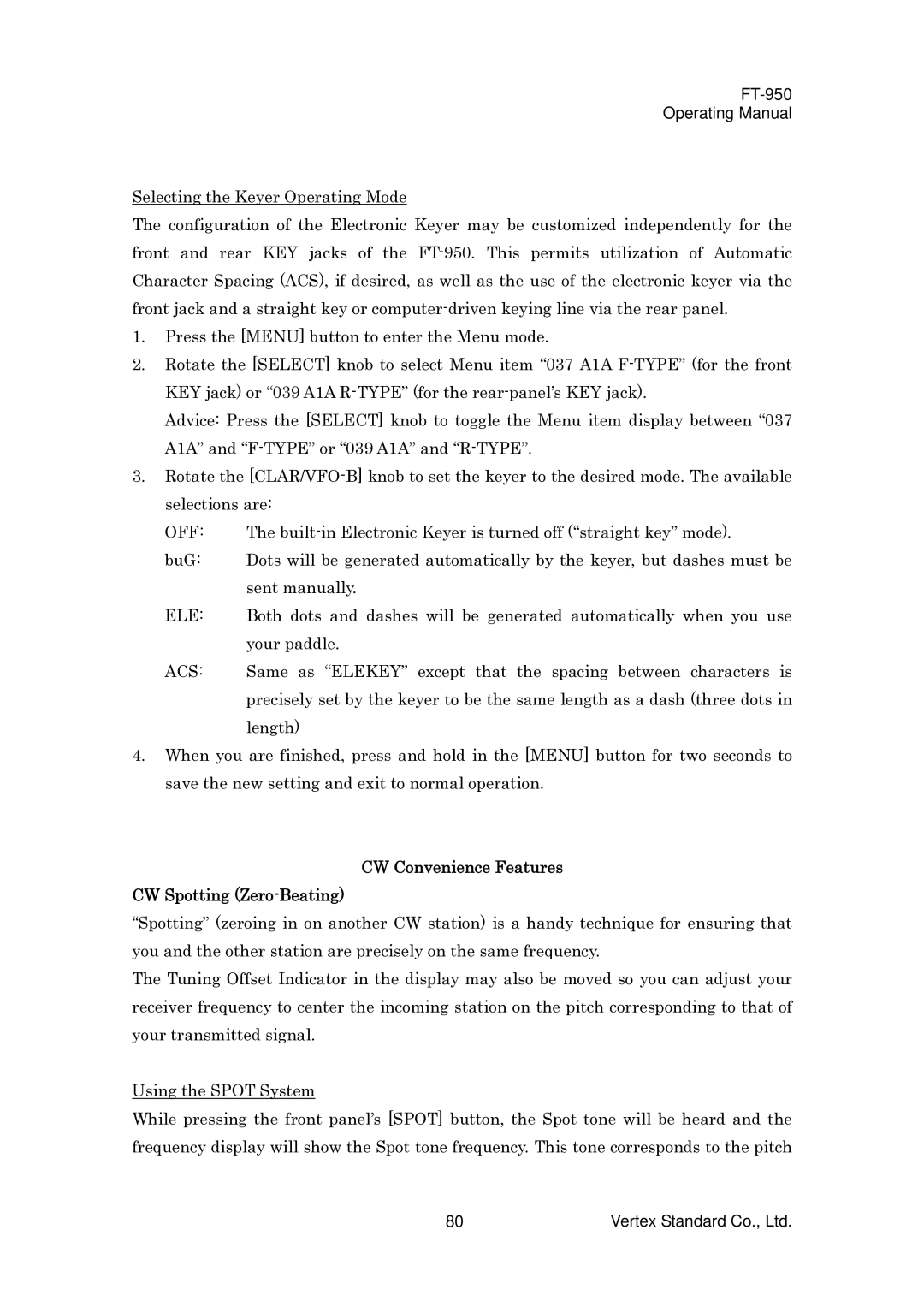 Vertex Standard FT-950 manual Off, Ele, Acs, CW Convenience Features CW Spotting Zero-Beating 