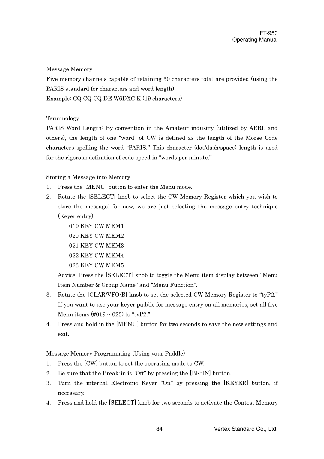 Vertex Standard FT-950 manual KEY CW MEM1 KEY CW MEM2 KEY CW MEM3 KEY CW MEM4 KEY CW MEM5 