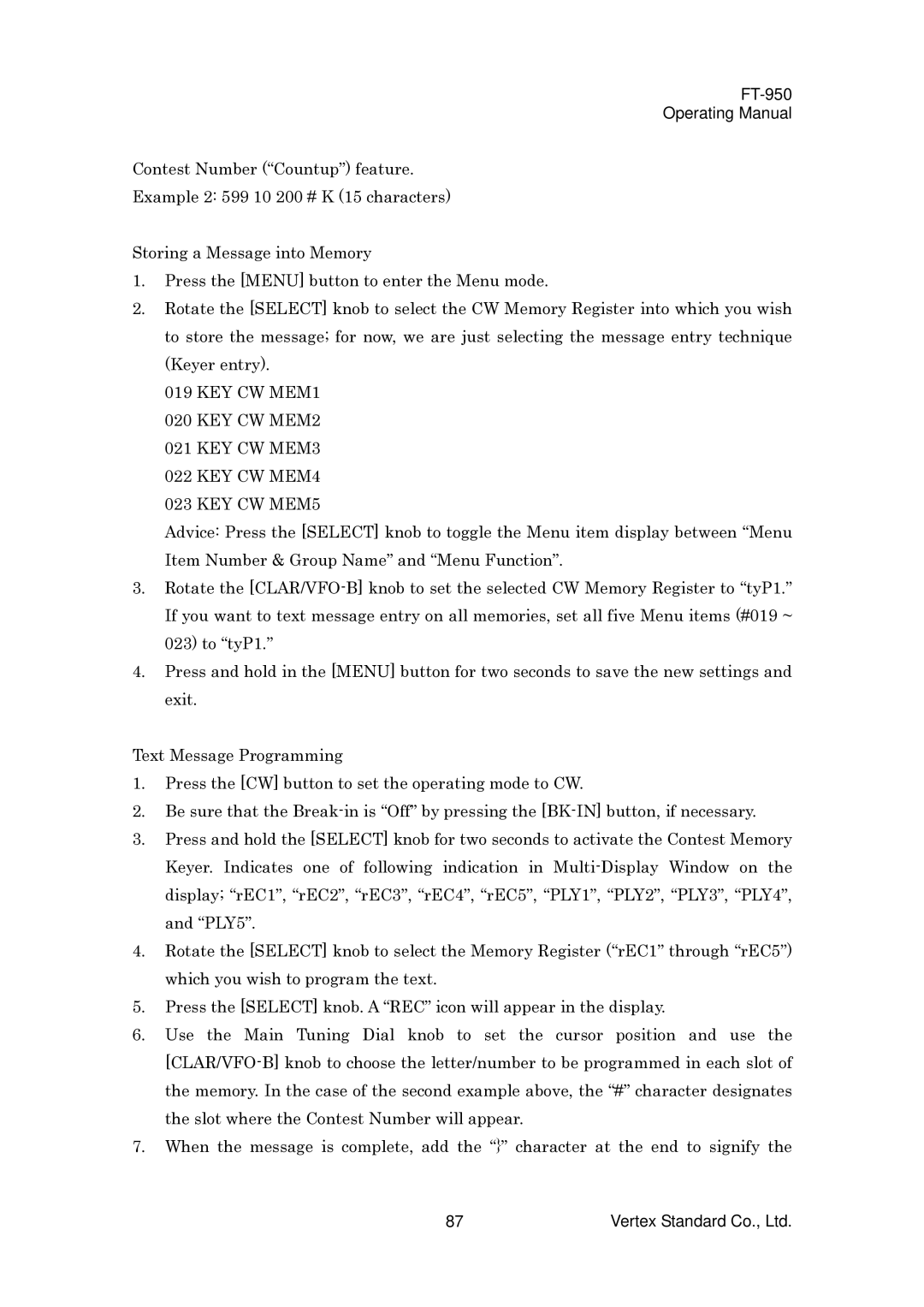 Vertex Standard FT-950 manual KEY CW MEM1 KEY CW MEM2 KEY CW MEM3 KEY CW MEM4 KEY CW MEM5 