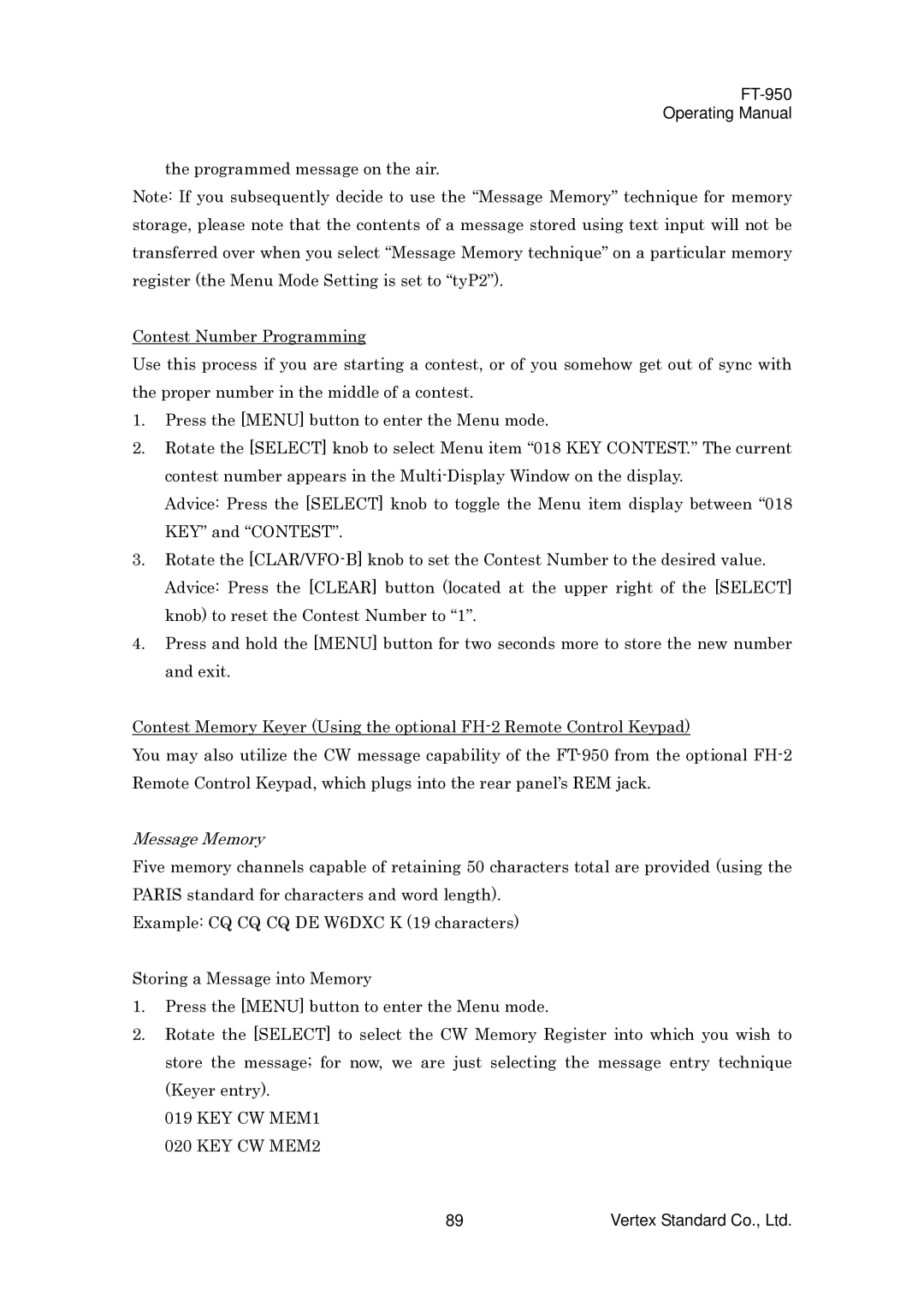 Vertex Standard FT-950 manual Message Memory, KEY CW MEM1 KEY CW MEM2 