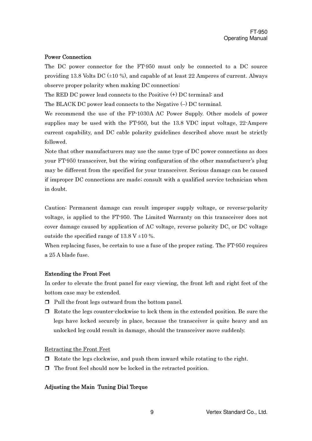 Vertex Standard FT-950 manual Power Connection, Extending the Front Feet, Adjusting the Main Tuning Dial Torque 