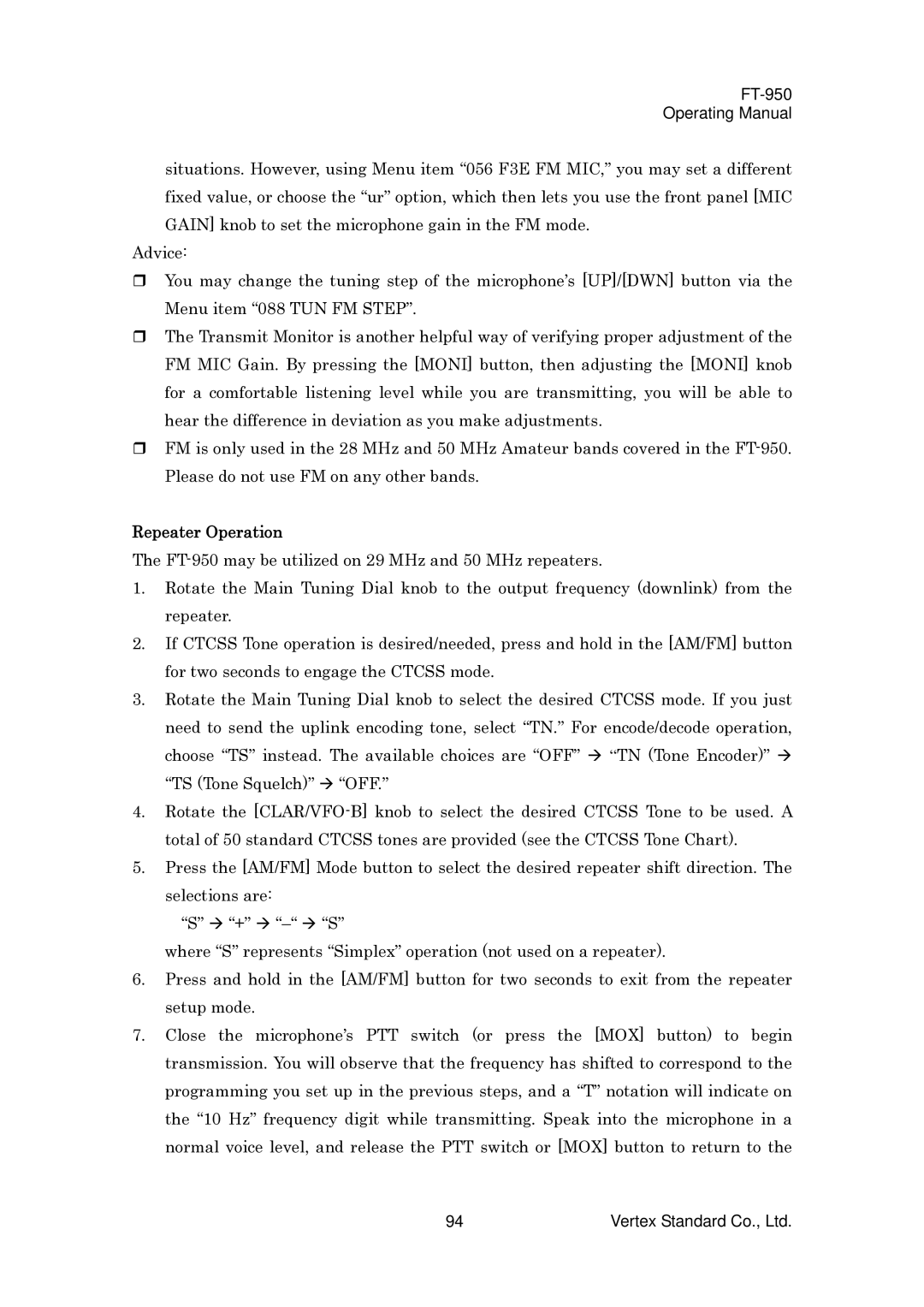 Vertex Standard FT-950 manual Repeater Operation 