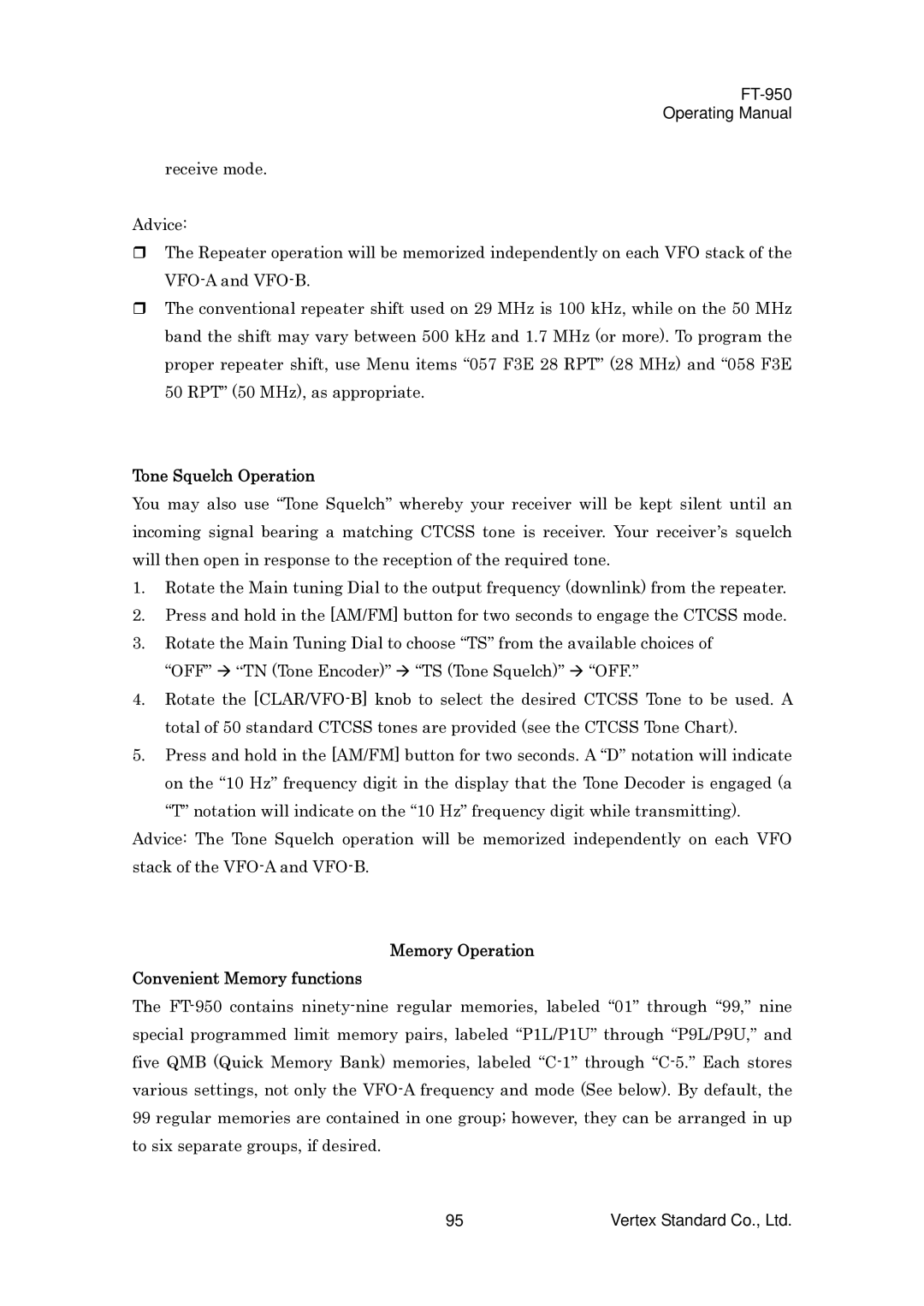 Vertex Standard FT-950 manual Tone Squelch Operation, Memory Operation Convenient Memory functions 