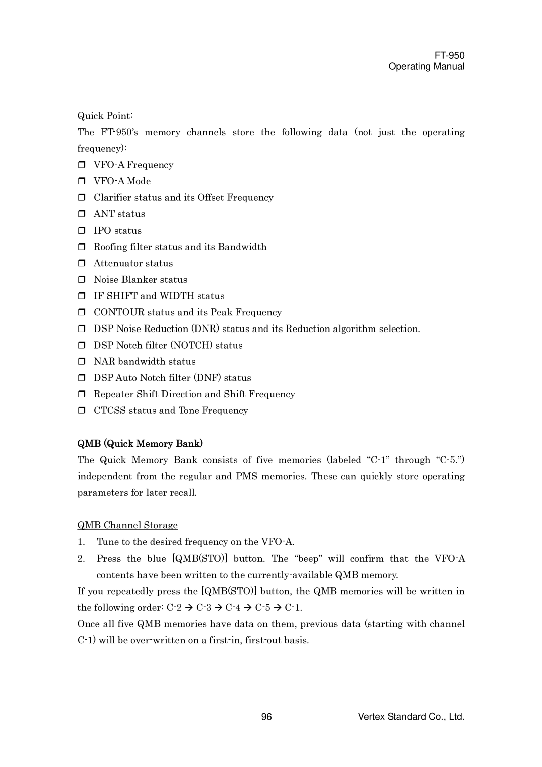 Vertex Standard FT-950 manual QMB Quick Memory Bank 