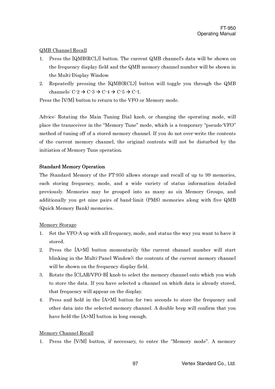 Vertex Standard FT-950 manual Standard Memory Operation 