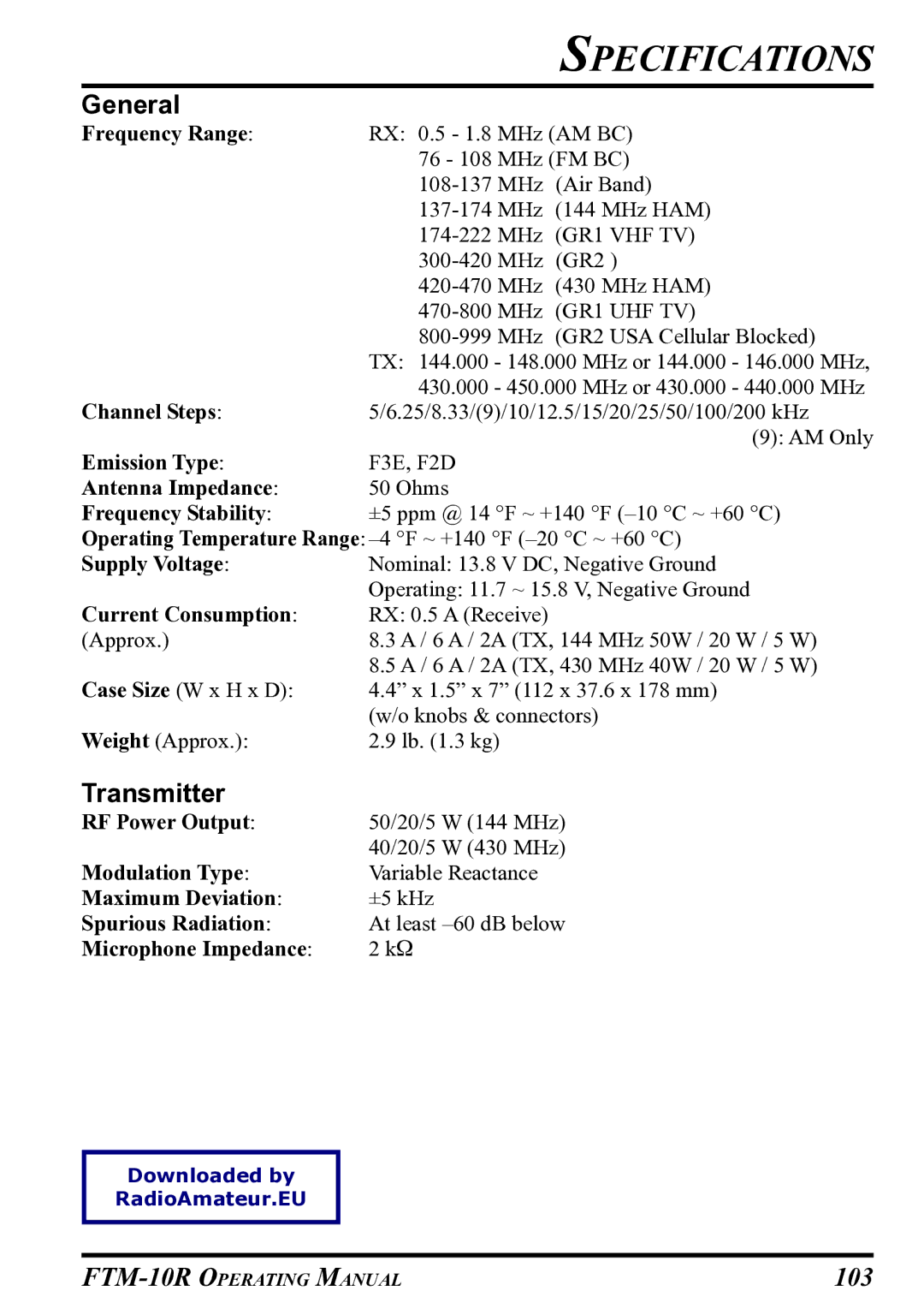 Vertex Standard FTM-10R manual Specifications 