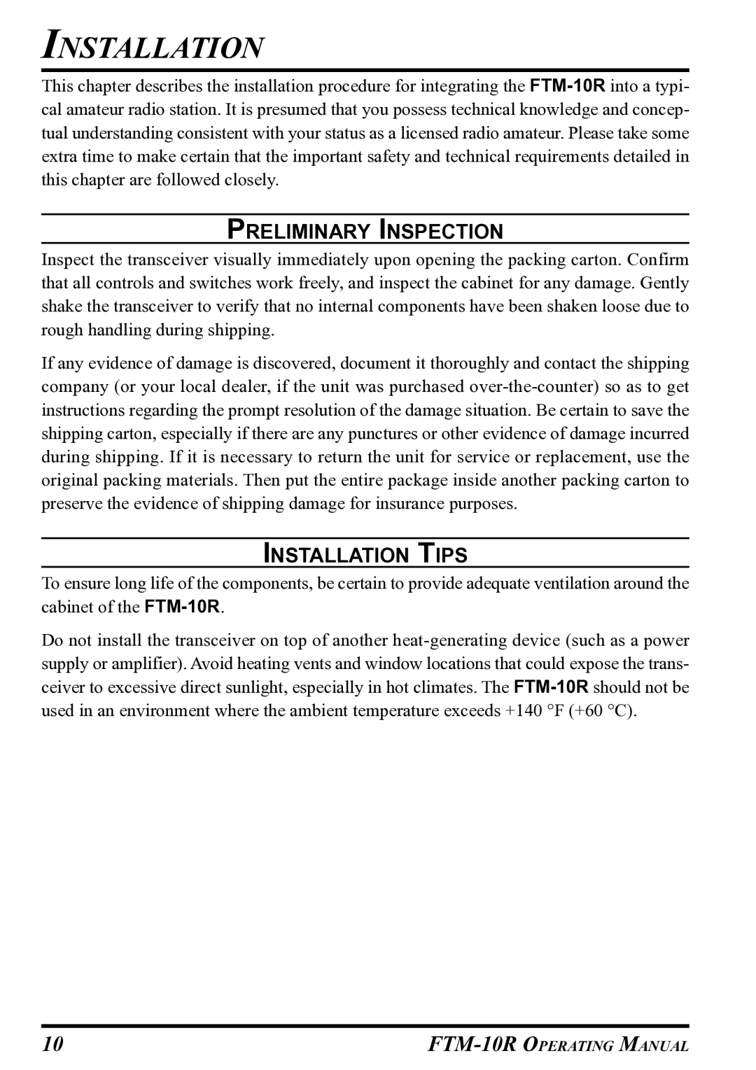 Vertex Standard FTM-10R manual Preliminary Inspection, Installation Tips 