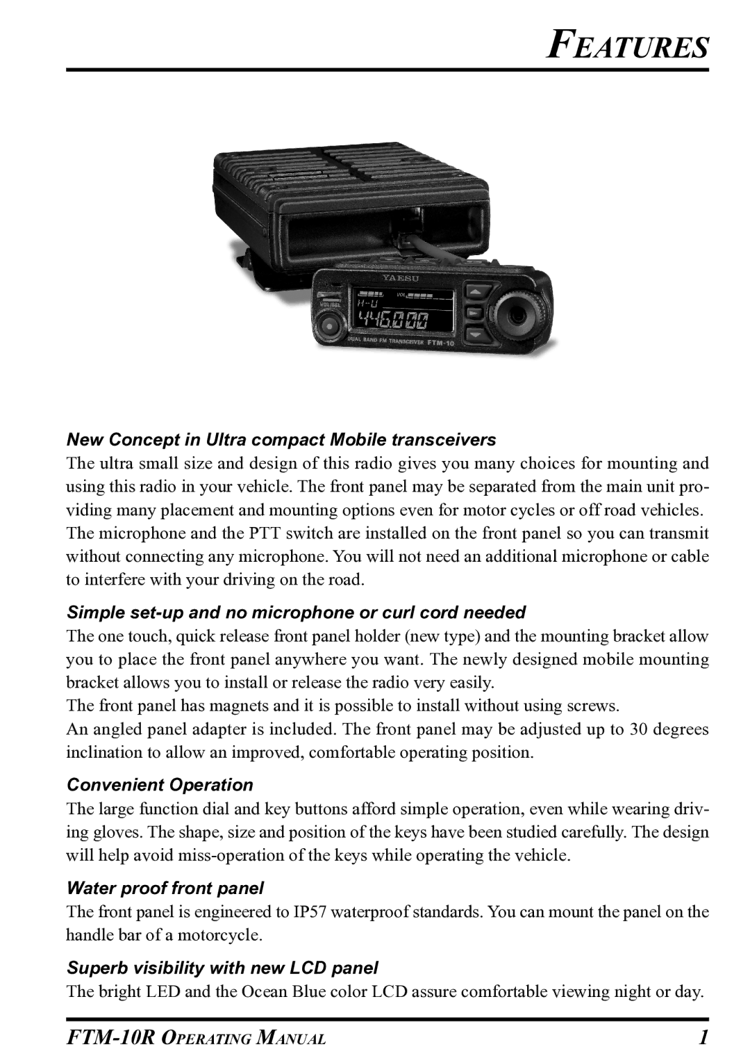 Vertex Standard FTM-10R manual Features, New Concept in Ultra compact Mobile transceivers 