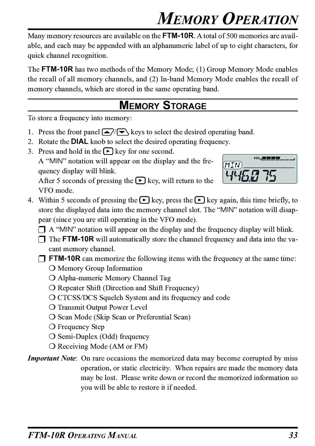 Vertex Standard FTM-10R manual Memory Operation, Memory Storage 