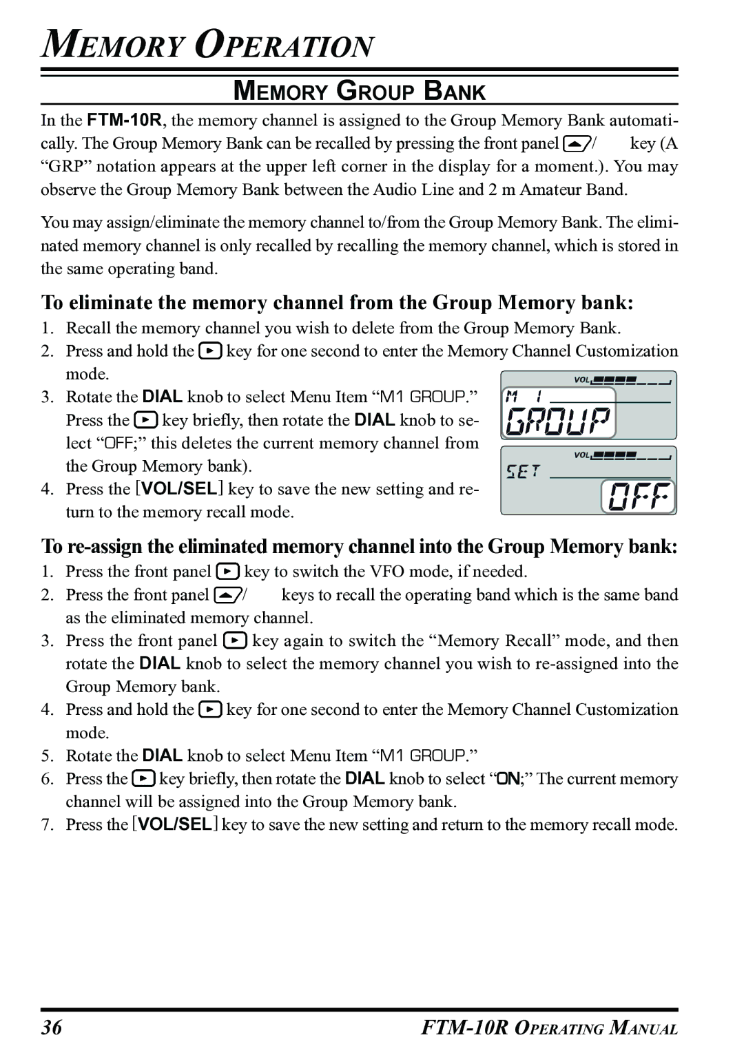 Vertex Standard FTM-10R manual To eliminate the memory channel from the Group Memory bank, Memory Group Bank 