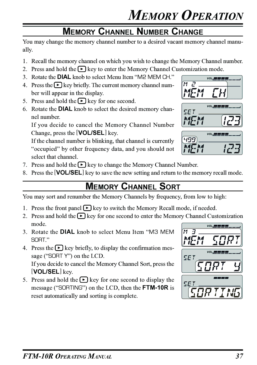 Vertex Standard FTM-10R manual Memory Channel Number Change, Memory Channel Sort 