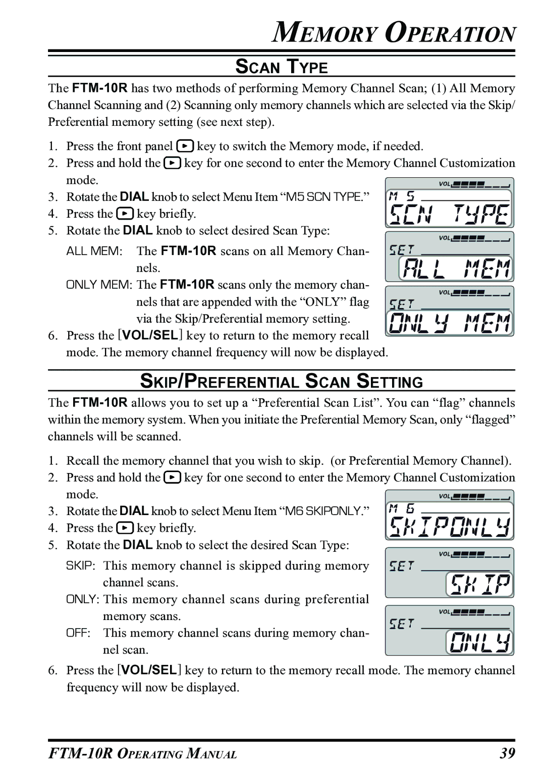 Vertex Standard FTM-10R manual Scan Type, SKIP/PREFERENTIAL Scan Setting 