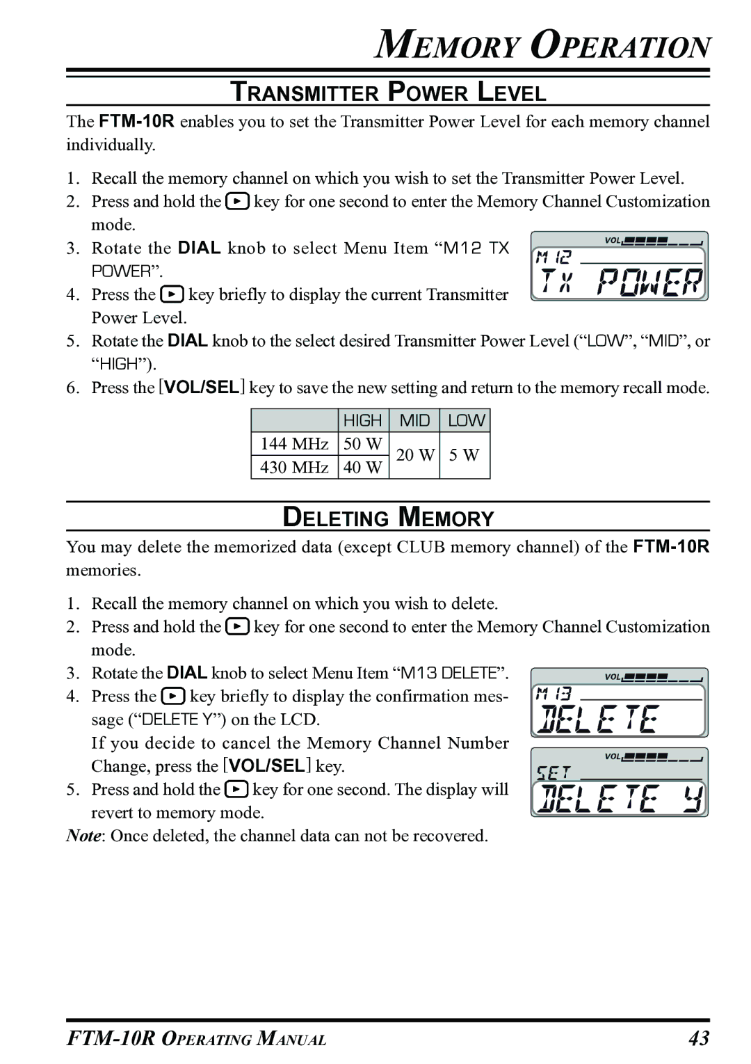 Vertex Standard FTM-10R manual Transmitter Power Level, Deleting Memory 