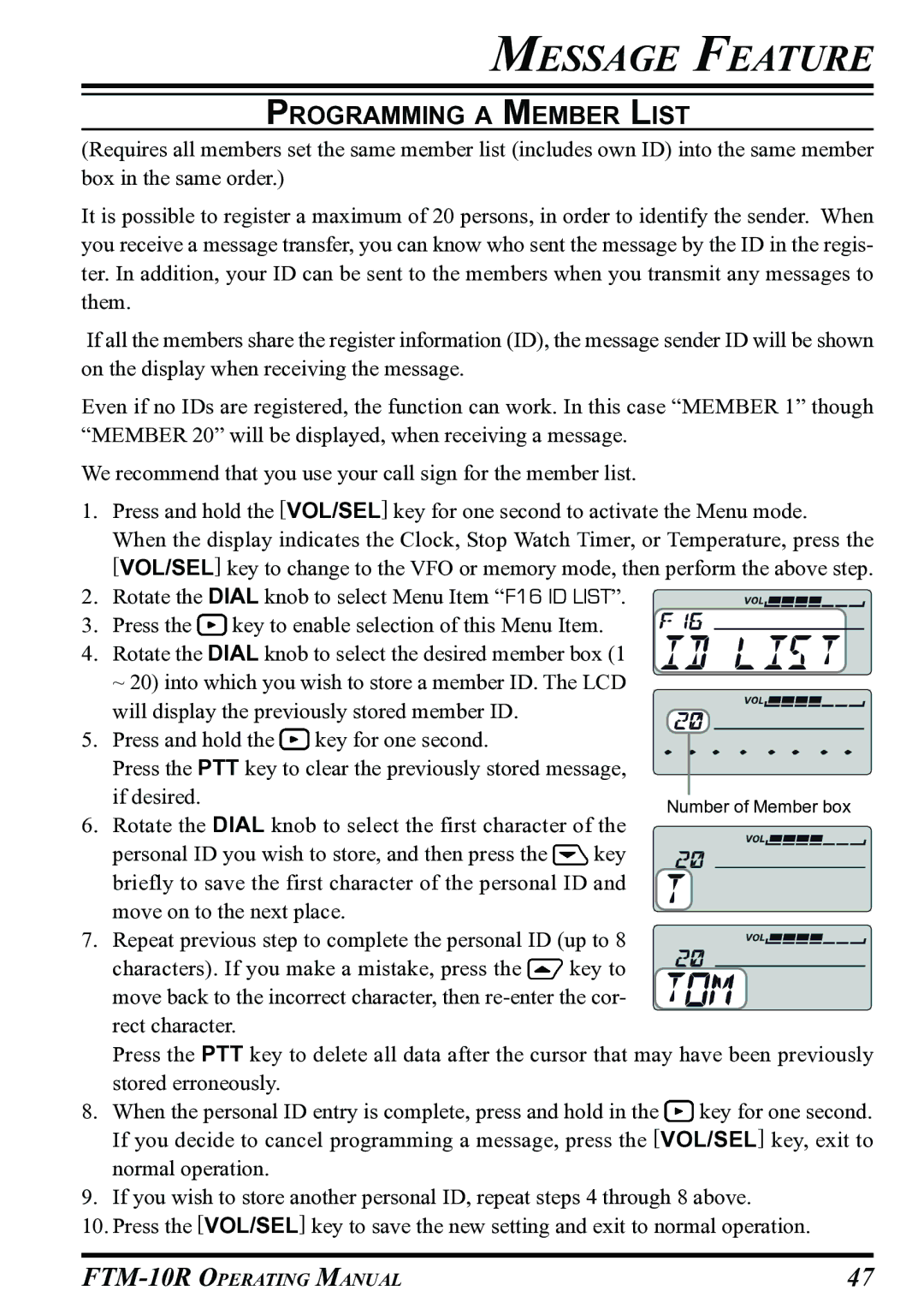 Vertex Standard FTM-10R manual Programming a Member List 