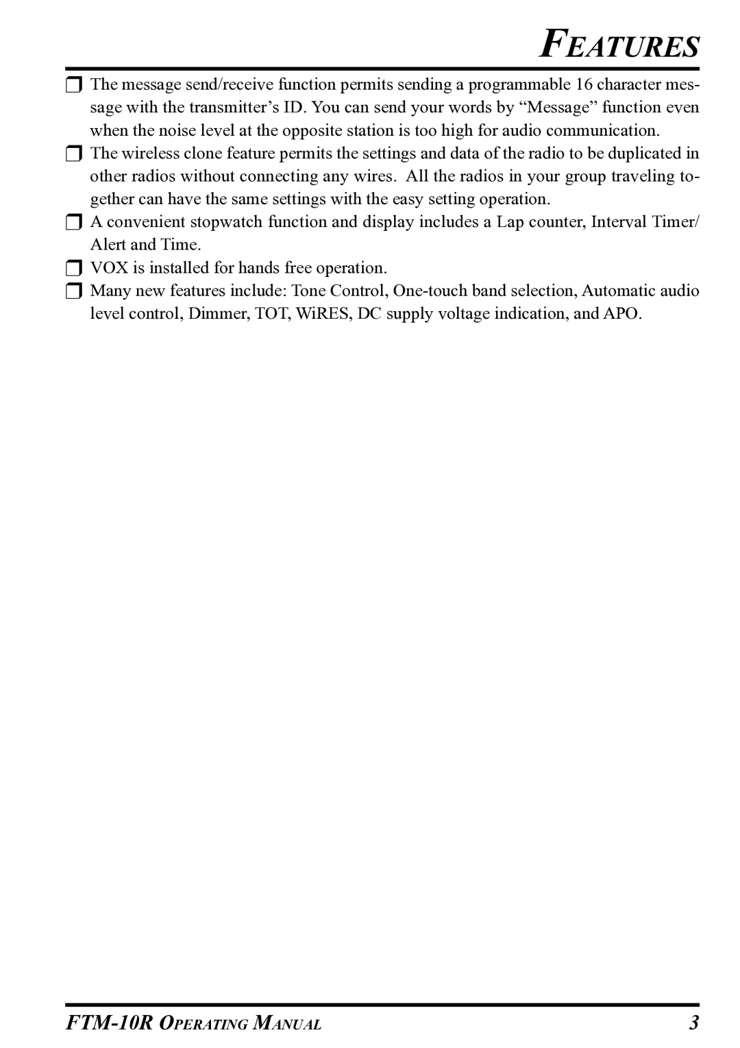 Vertex Standard FTM-10R manual Features 