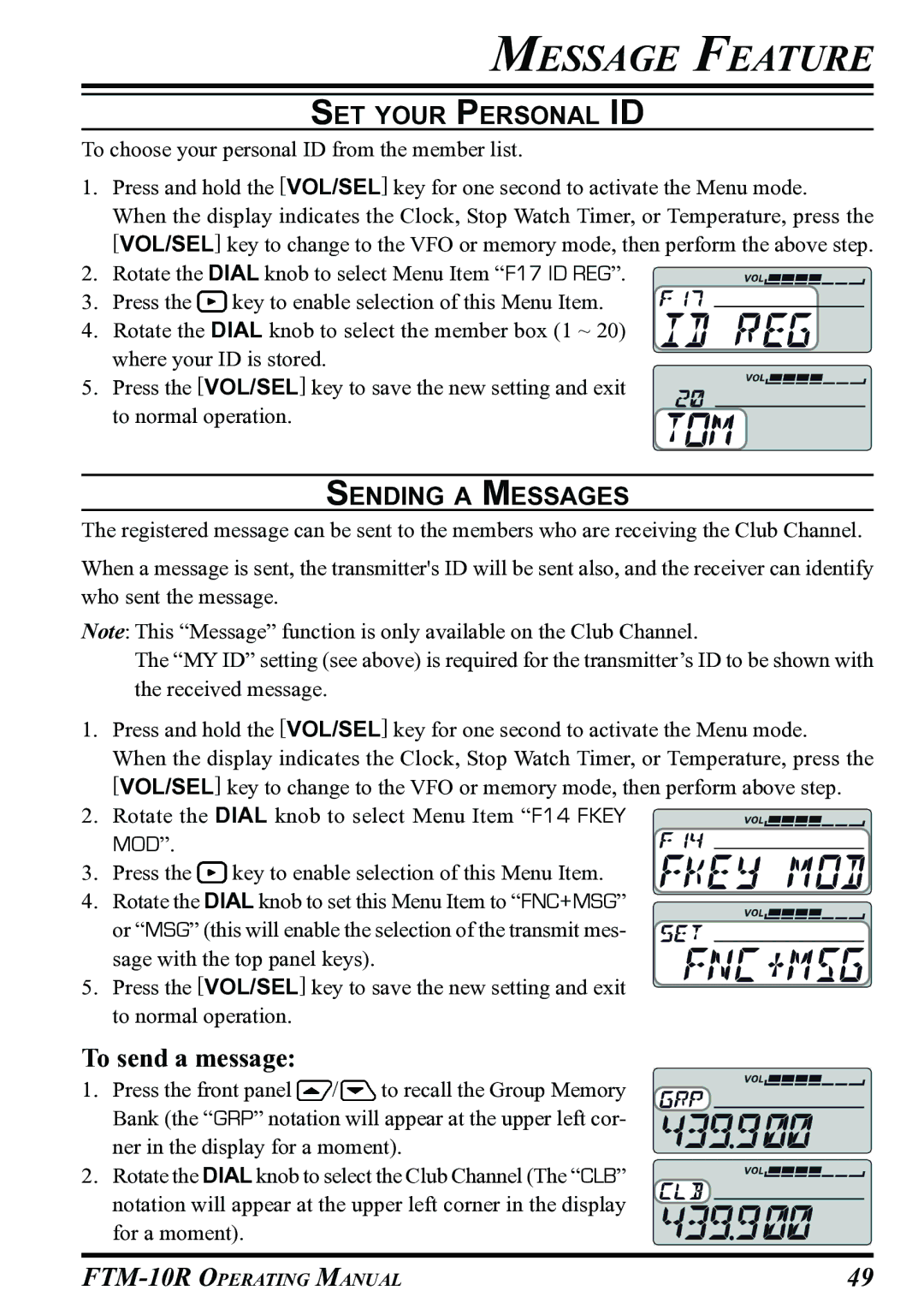 Vertex Standard FTM-10R manual To send a message, SET Your Personal ID, Sending a Messages 