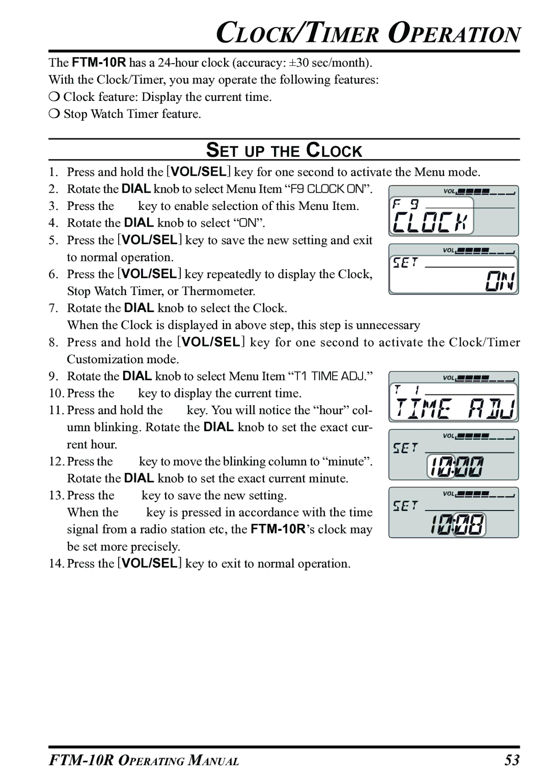 Vertex Standard FTM-10R manual CLOCK/TIMER Operation, SET UP the Clock 