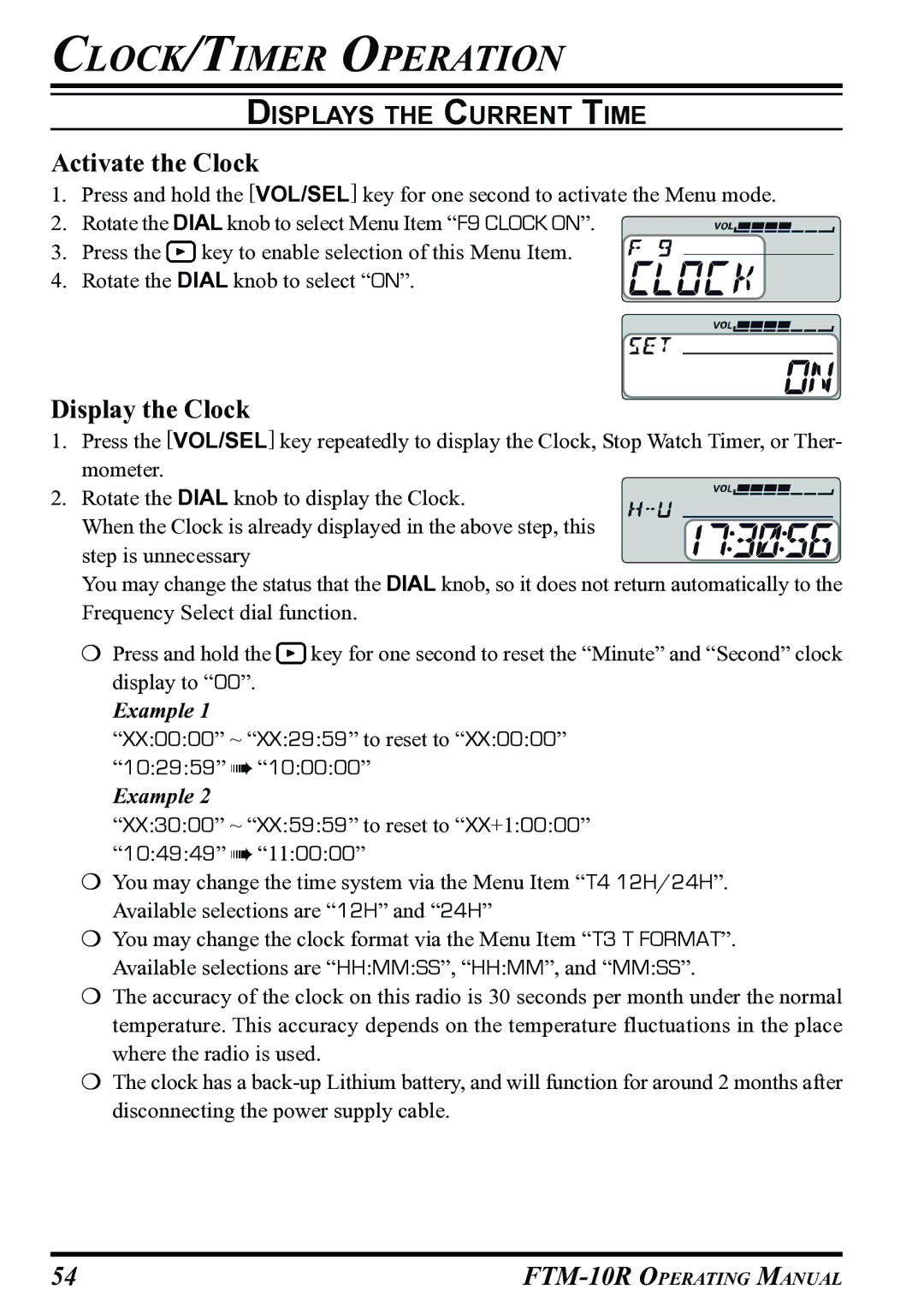 Vertex Standard FTM-10R manual Activate the Clock, Display the Clock, Displays the Current Time 