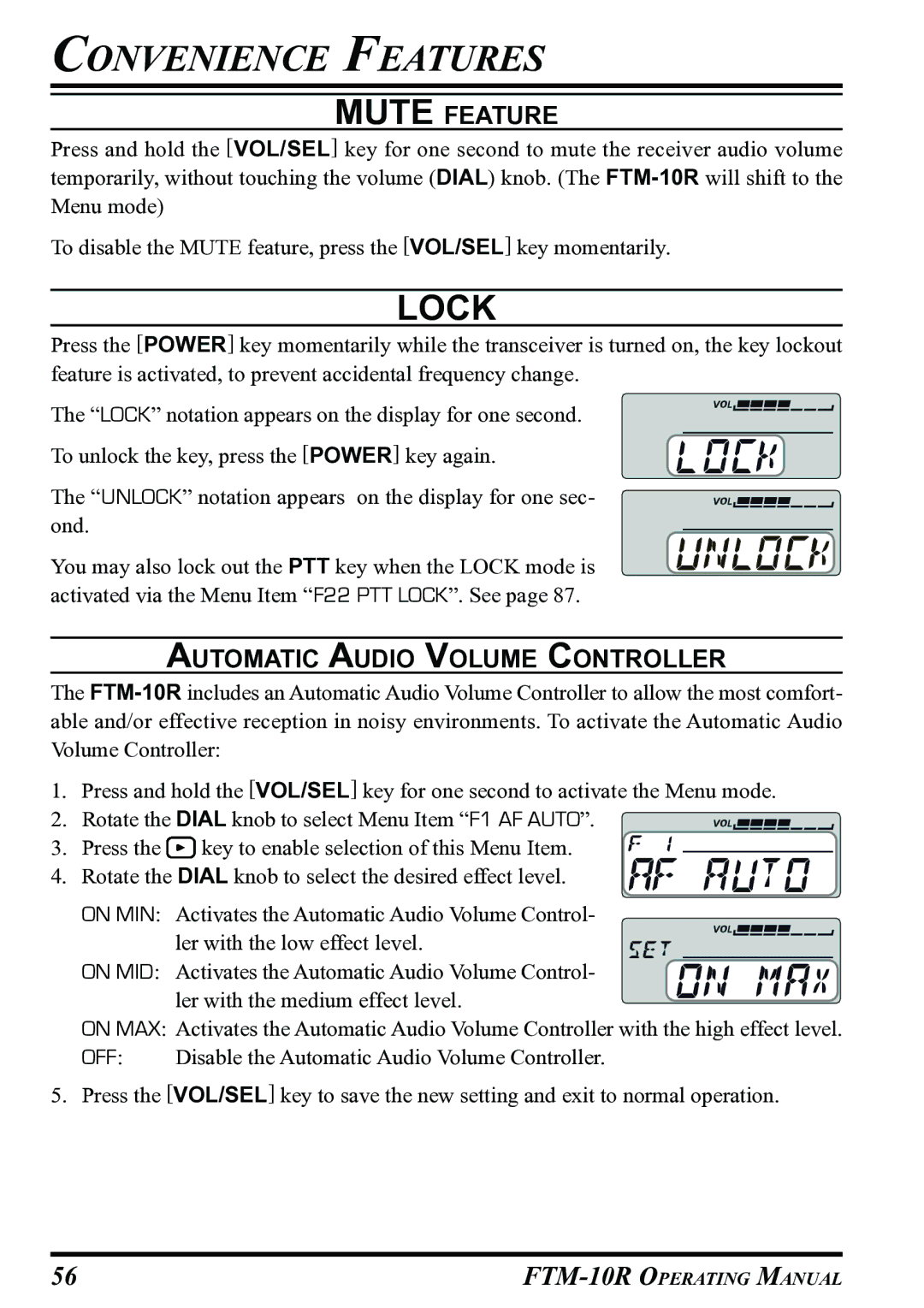 Vertex Standard FTM-10R manual Convenience Features, Mute Feature, Automatic Audio Volume Controller 