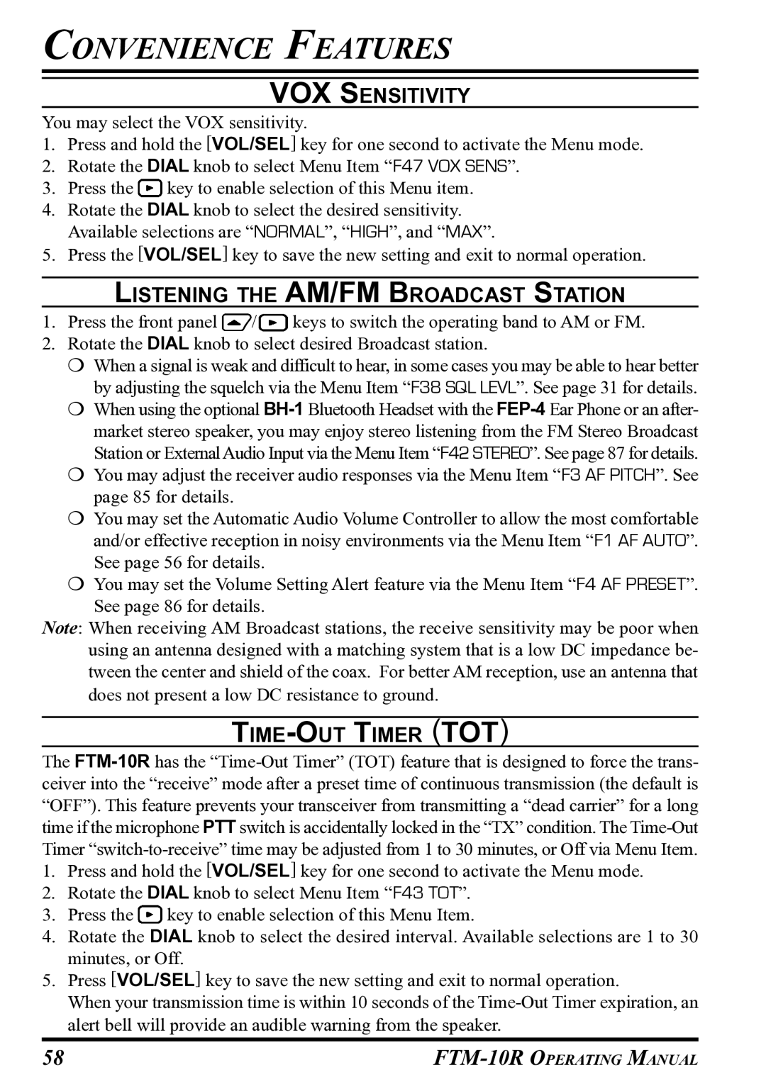 Vertex Standard FTM-10R manual VOX Sensitivity, Listening the AM/FM Broadcast Station, TIME-OUT Timer TOT 