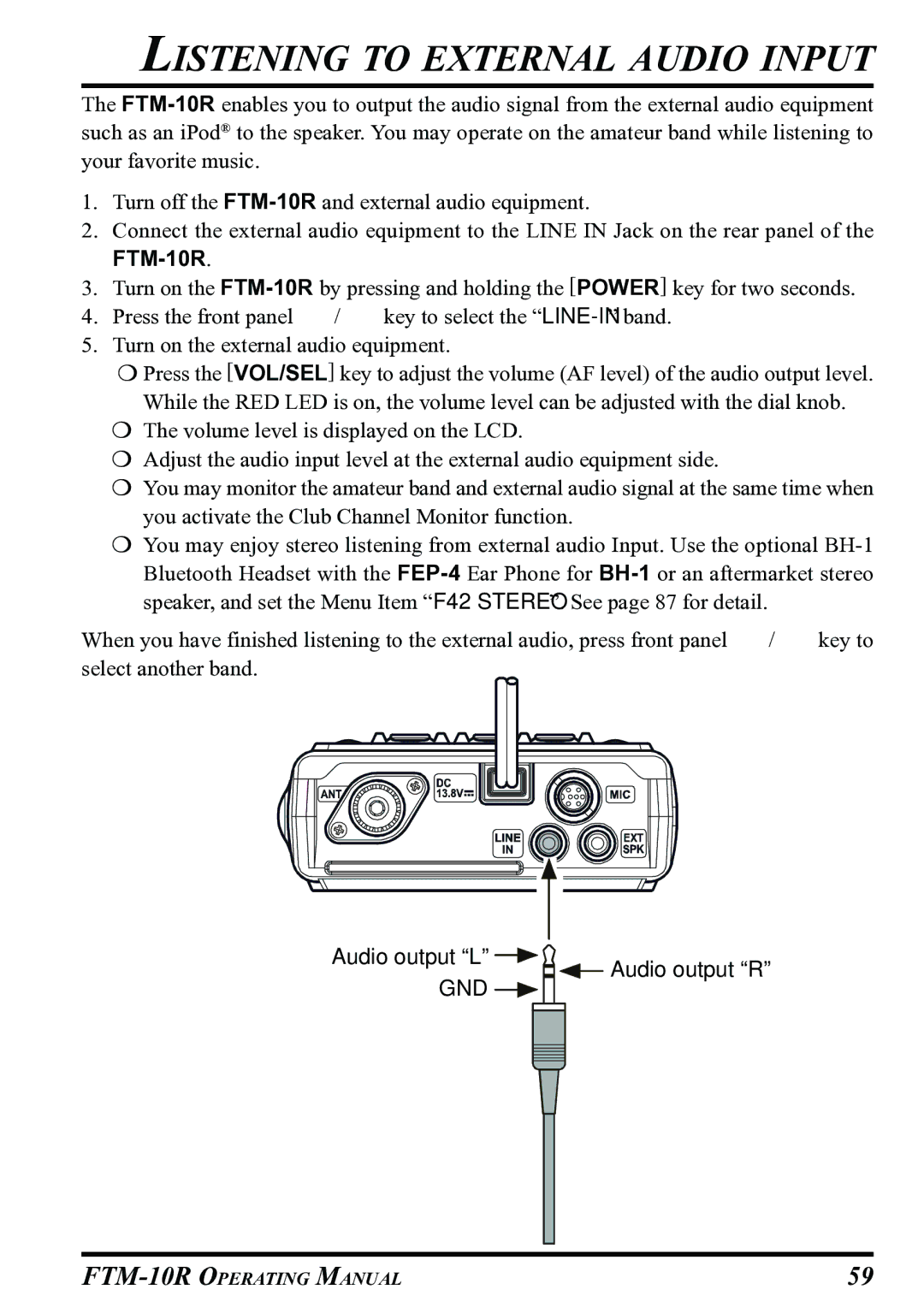 Vertex Standard FTM-10R manual Listening to External Audio Input 