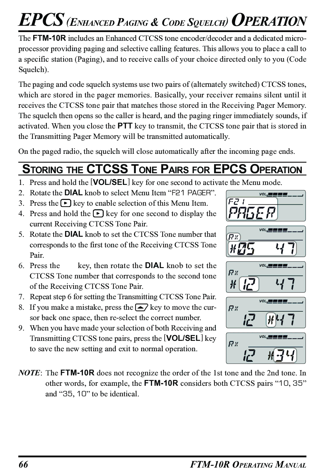 Vertex Standard FTM-10R Storing the Ctcss Tone Pairs for Epcs Operation, Epcsenhanced Paging & Code Squelch Operation 