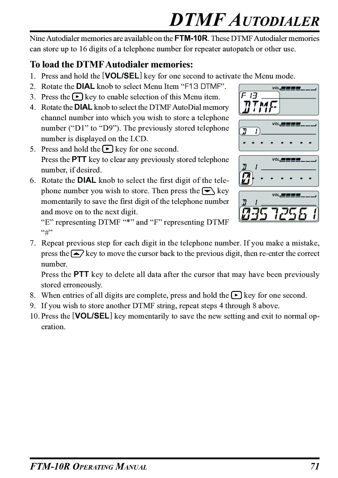 Vertex Standard FTM-10R manual Dtmf Autodialer, To load the DTMFAutodialer memories 